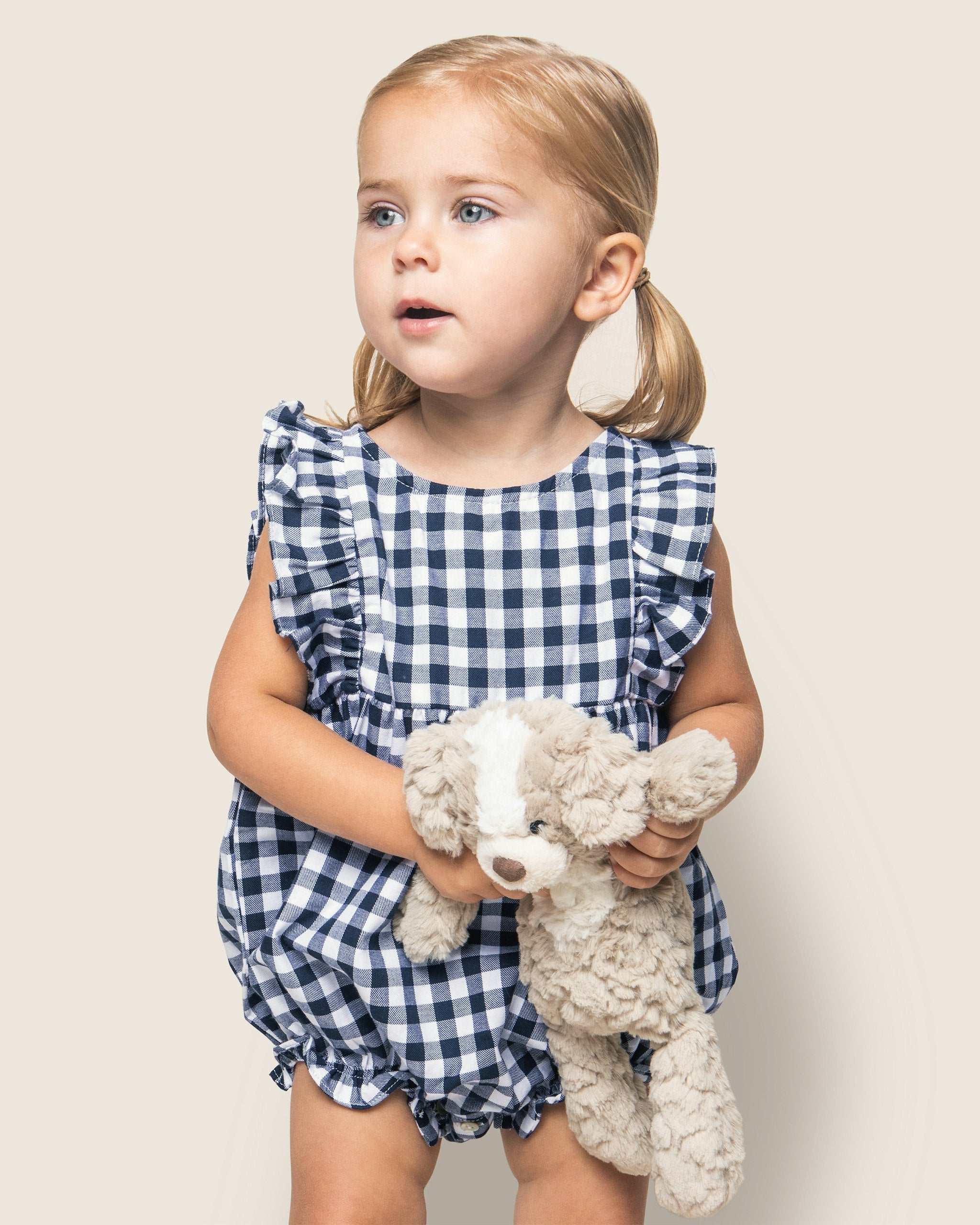 Baby's Twill Ruffled Romper in Royal Blue Gingham in Navy Gingham#Color_Navy Gingham