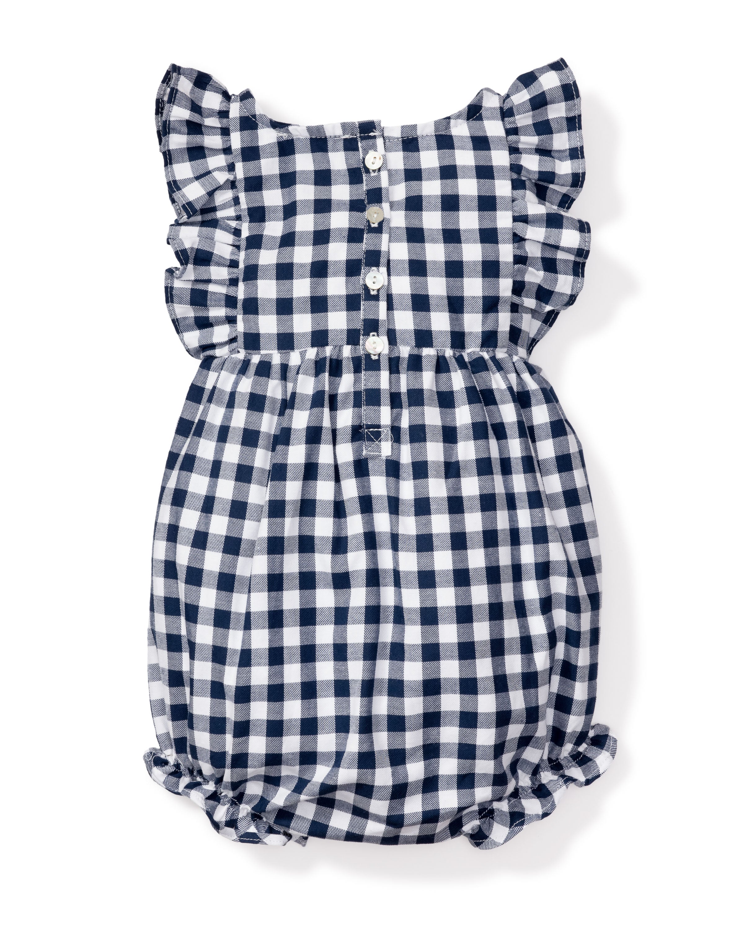The Petite Plume Babys Twill Ruffled Romper in Navy Gingham combines style and safety with its flame-retardant fabric, ruffled sleeves, button-up front with white buttons, and elasticized leg openings, all in an elegant navy blue and white checkered design.
