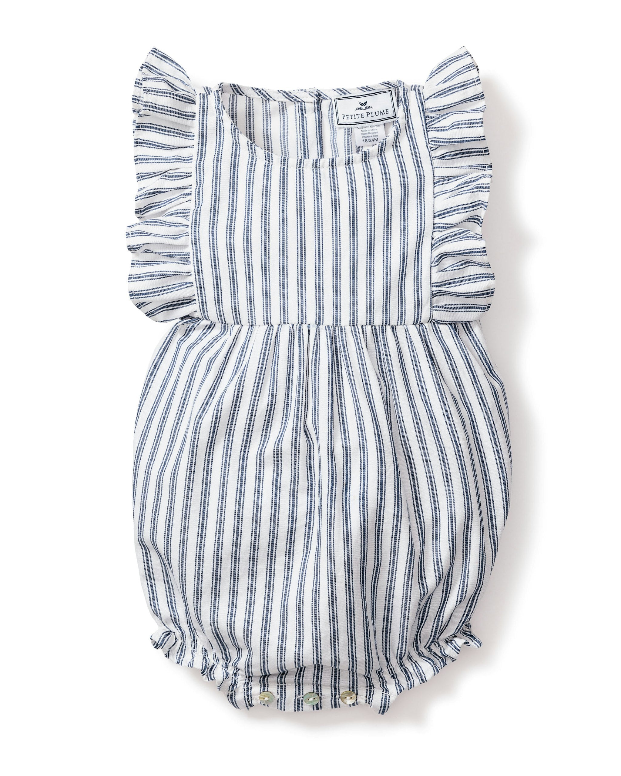 Baby's Twill Ruffled Romper in Navy French Ticking  in Navy French Ticking#Color_Navy French Ticking