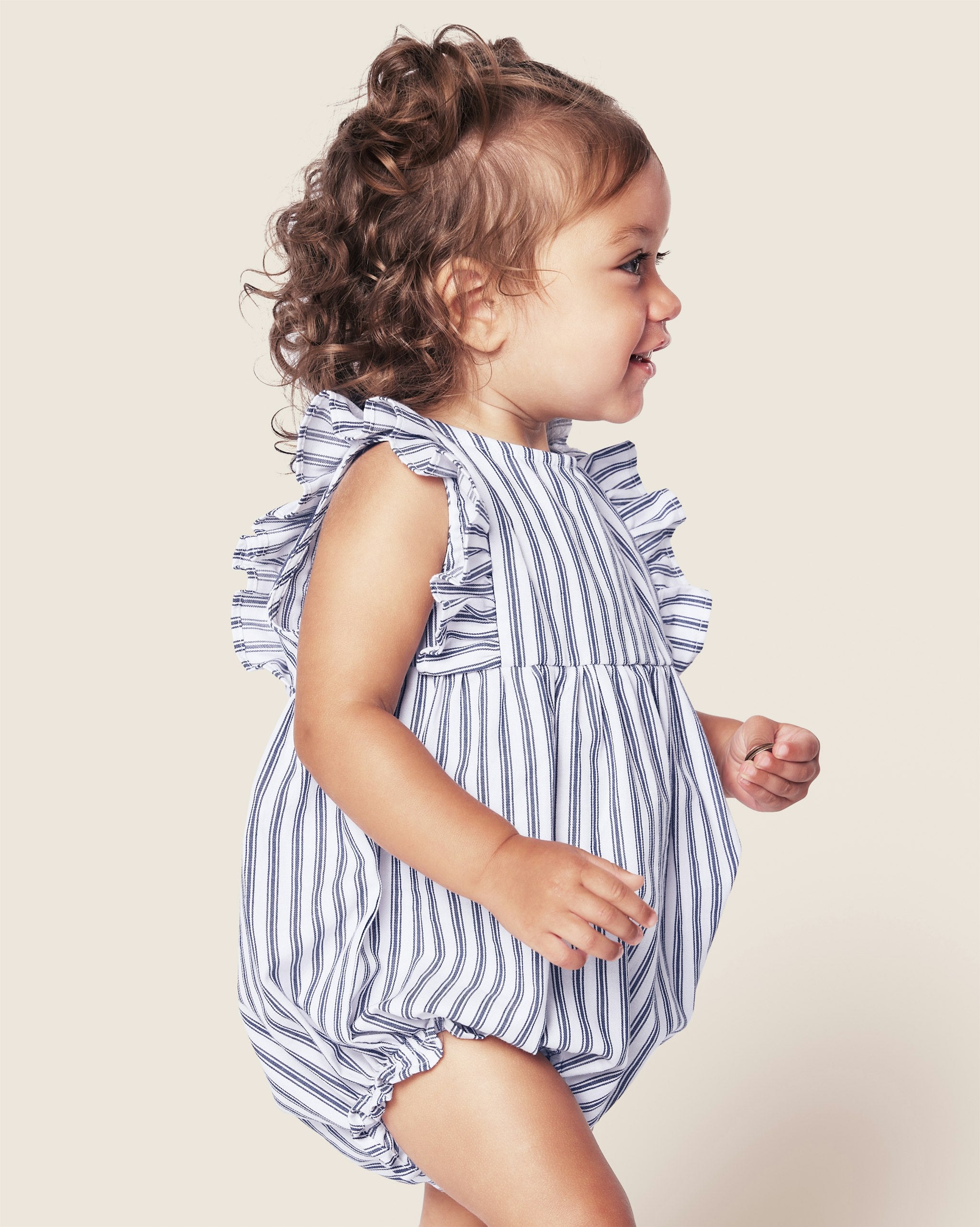 Baby's Twill Ruffled Romper in Navy French Ticking  in Navy French Ticking#Color_Navy French Ticking