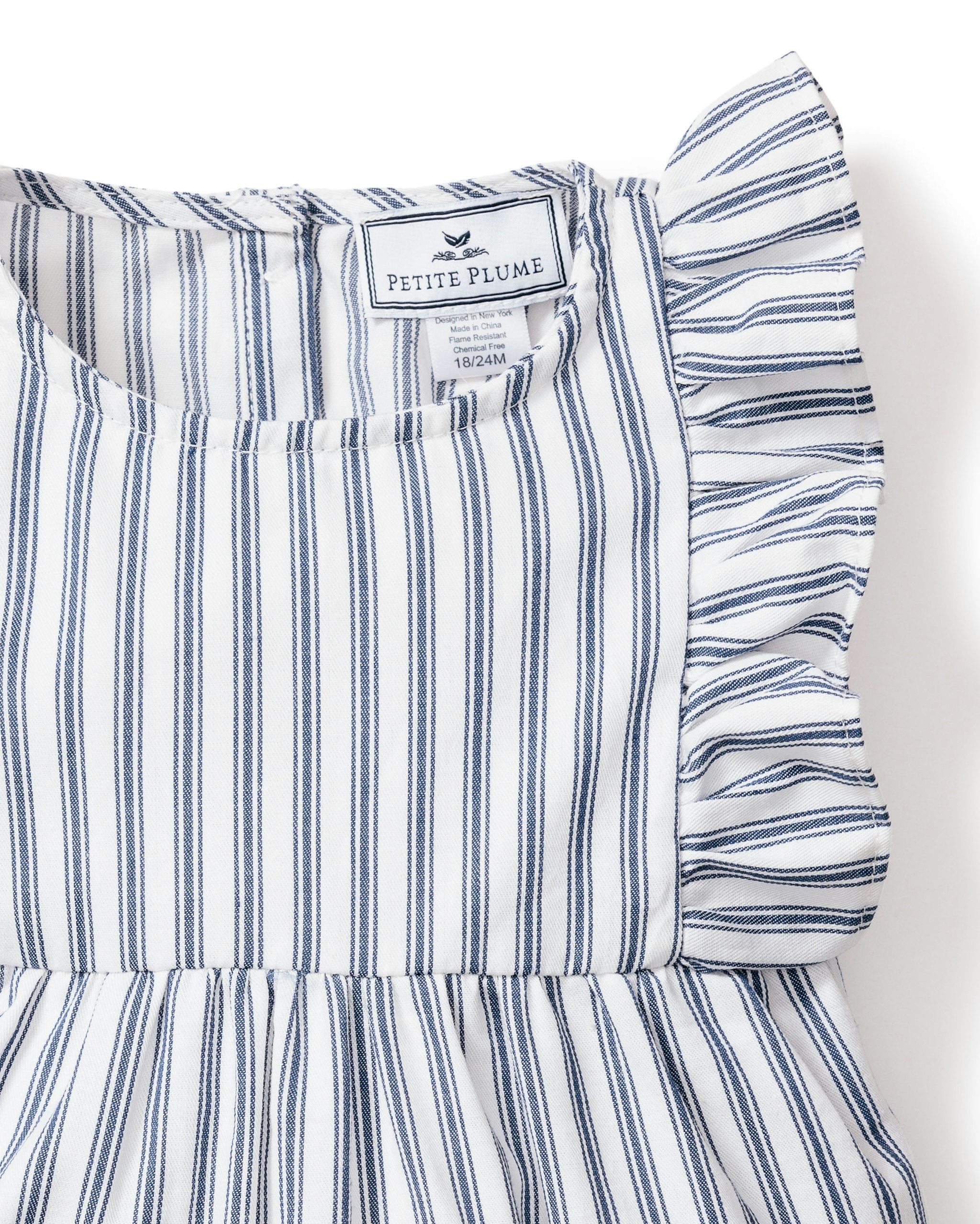 Baby's Twill Ruffled Romper in Navy French Ticking  in Navy French Ticking#Color_Navy French Ticking