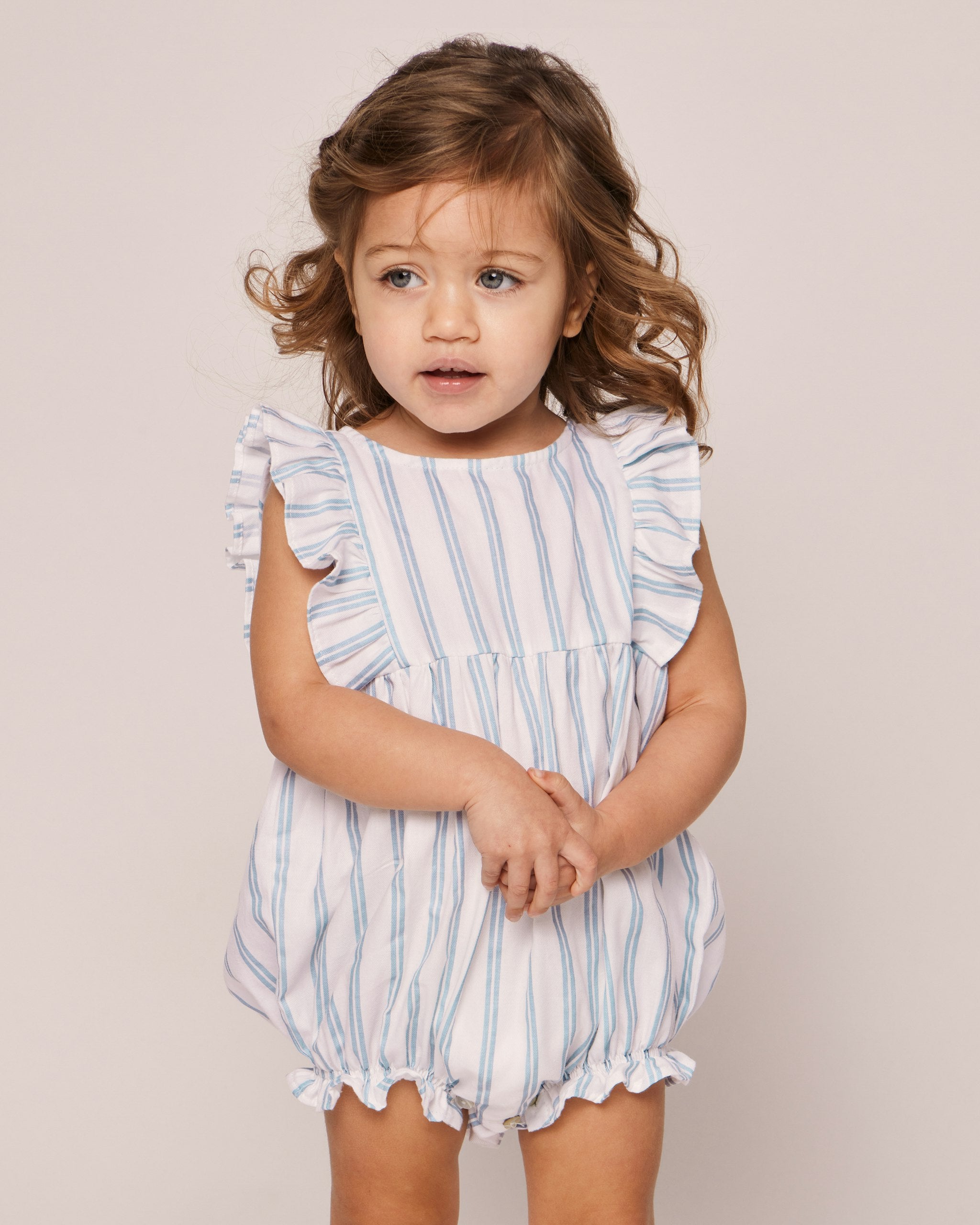 Baby's Twill Ruffled Romper in Pink And White Stripe in Periwinkle and White Stripe#Color_Periwinkle and White Stripe