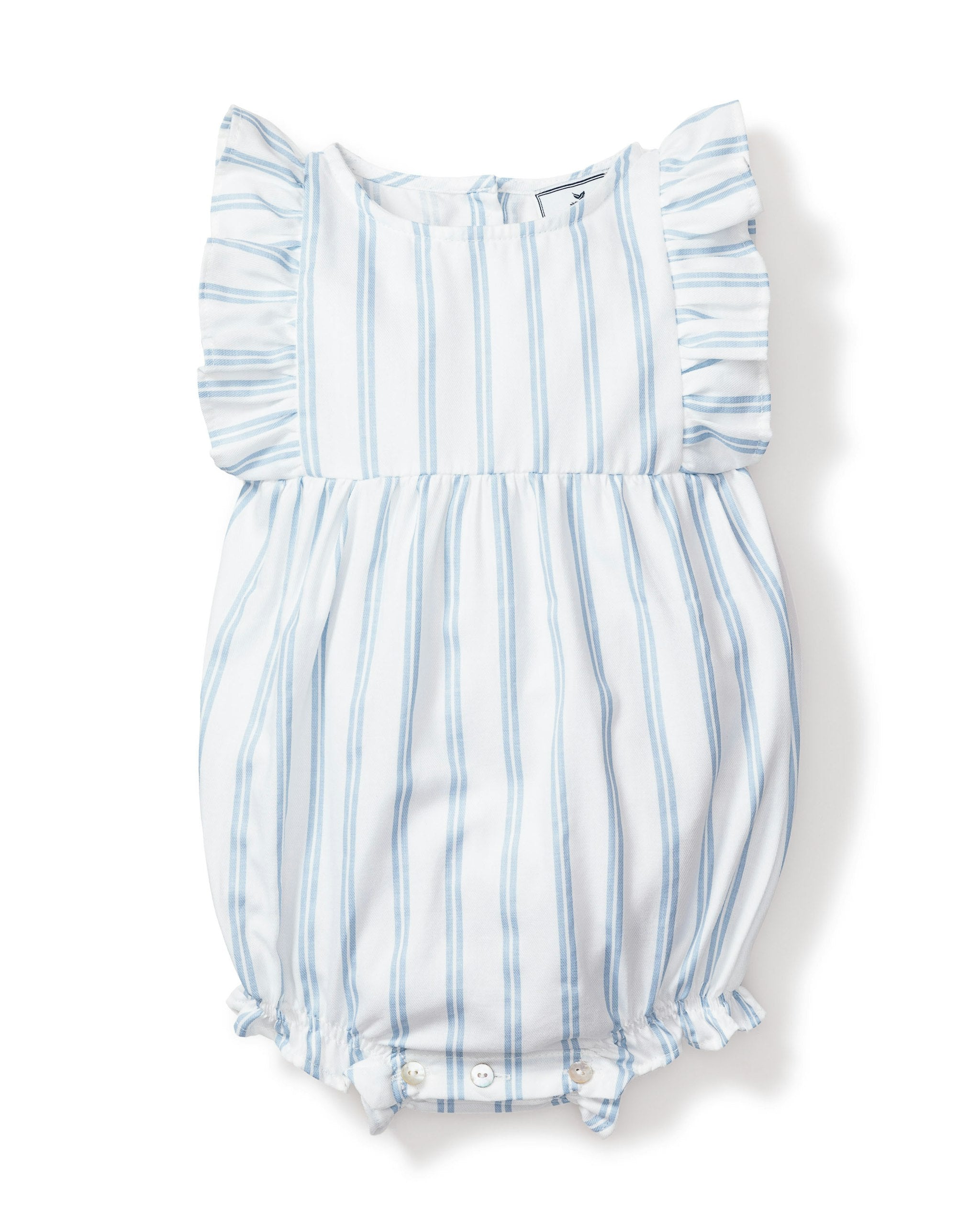 Baby's Twill Ruffled Romper in Pink And White Stripe in Periwinkle and White Stripe#Color_Periwinkle and White Stripe