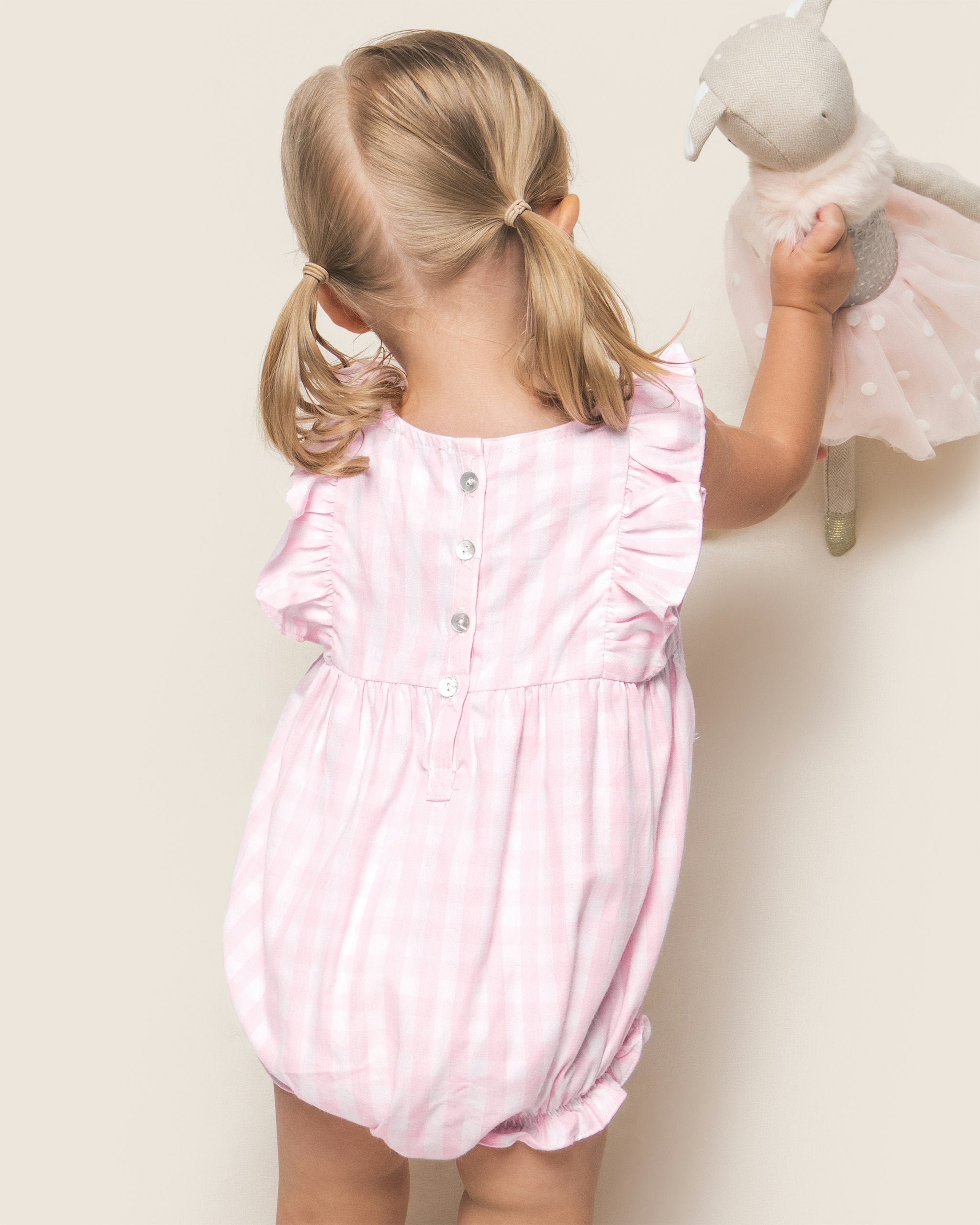 Baby's Twill Ruffled Romper in Royal Blue Gingham in Pink Gingham#Color_Pink Gingham