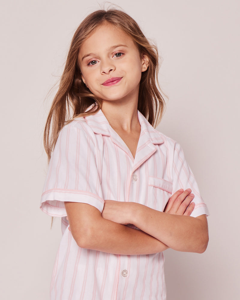 Kid's Twill Pajama Short Set in Pink and White Stripe