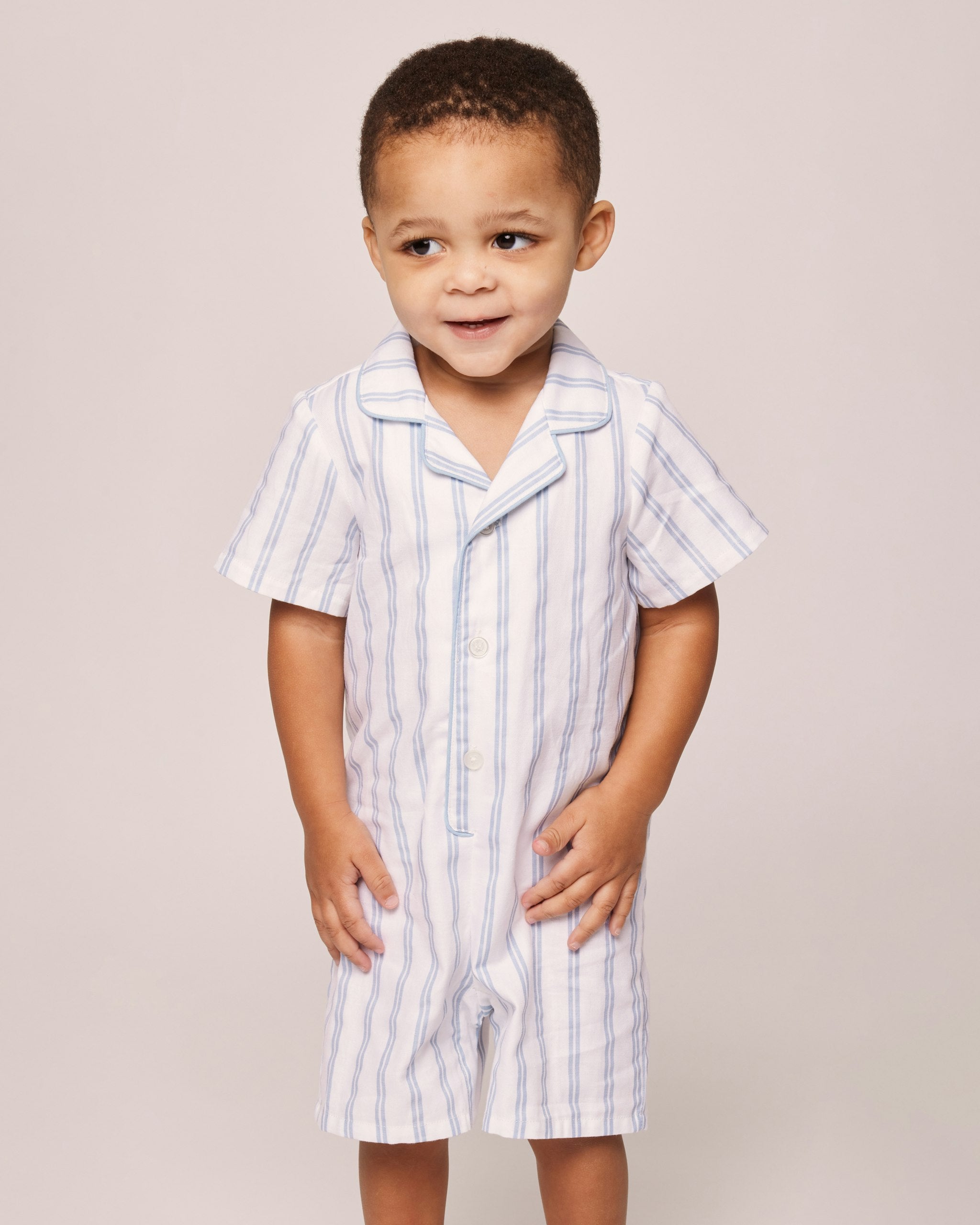 Baby's Twill Summer Romper in Sunny Stripe in Periwinkle and White Stripe#Color_Periwinkle and White Stripe