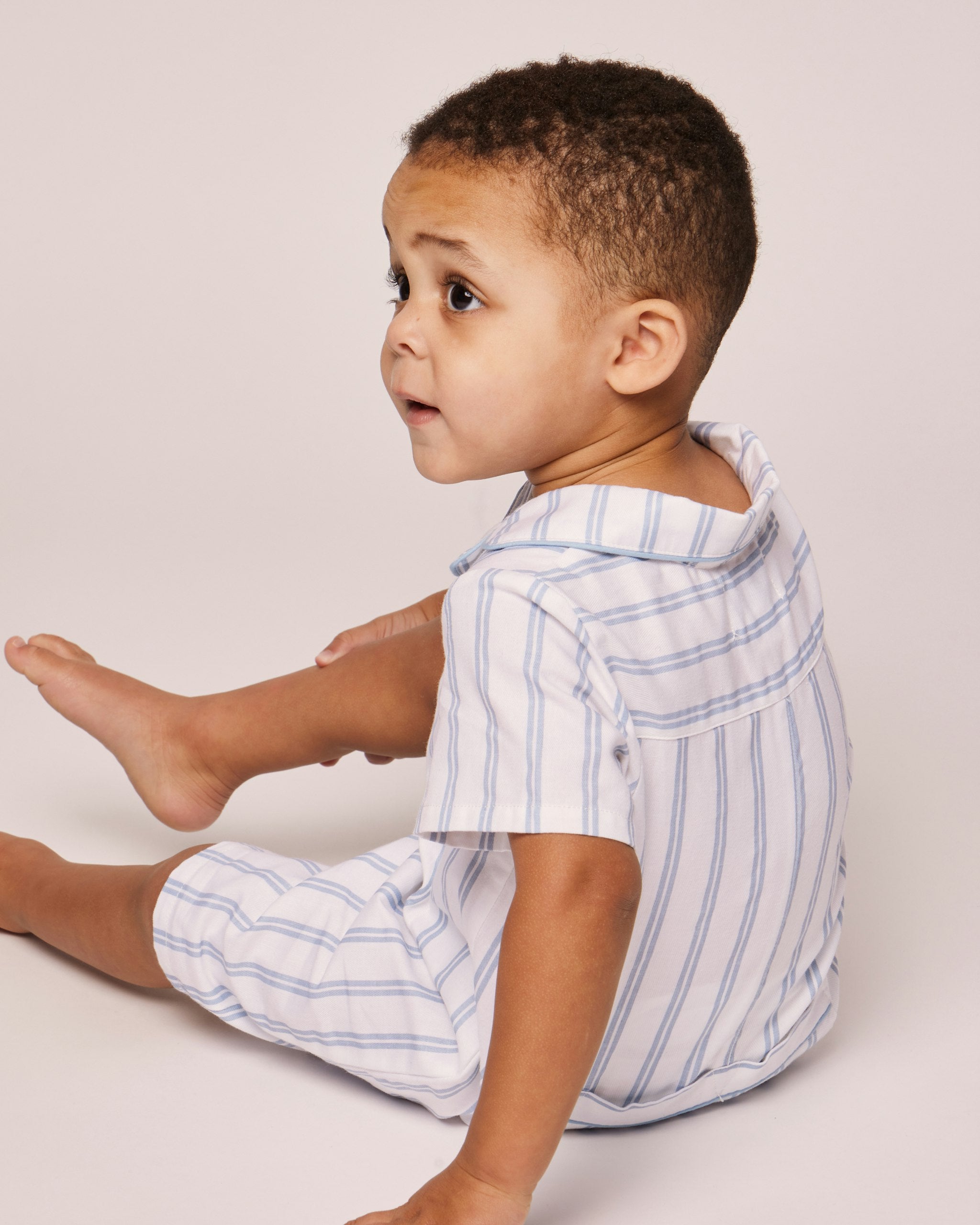 Baby's Twill Summer Romper in Sunny Stripe in Periwinkle and White Stripe#Color_Periwinkle and White Stripe
