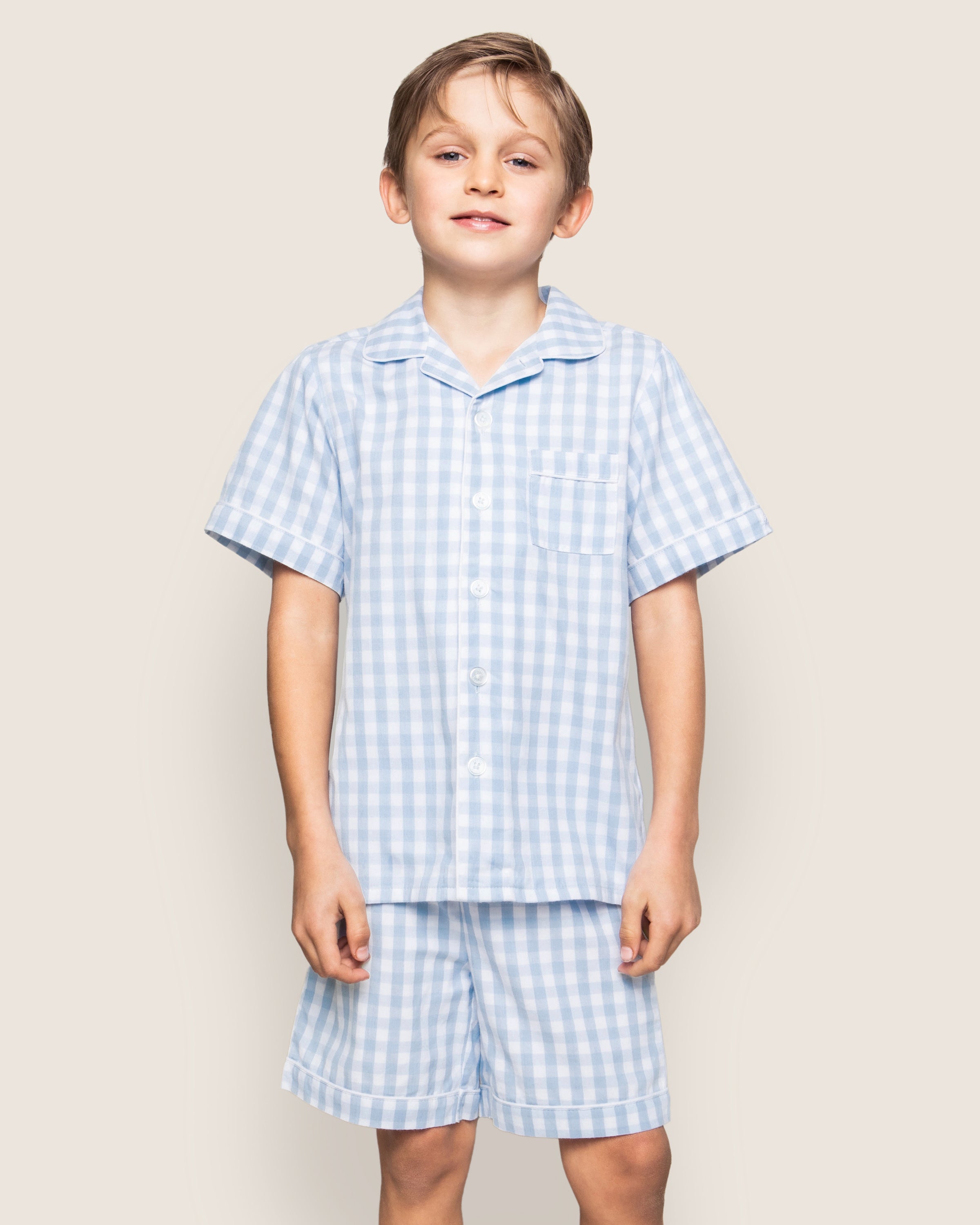 Kid's Twill Pajama Short Set in Light Blue Gingham