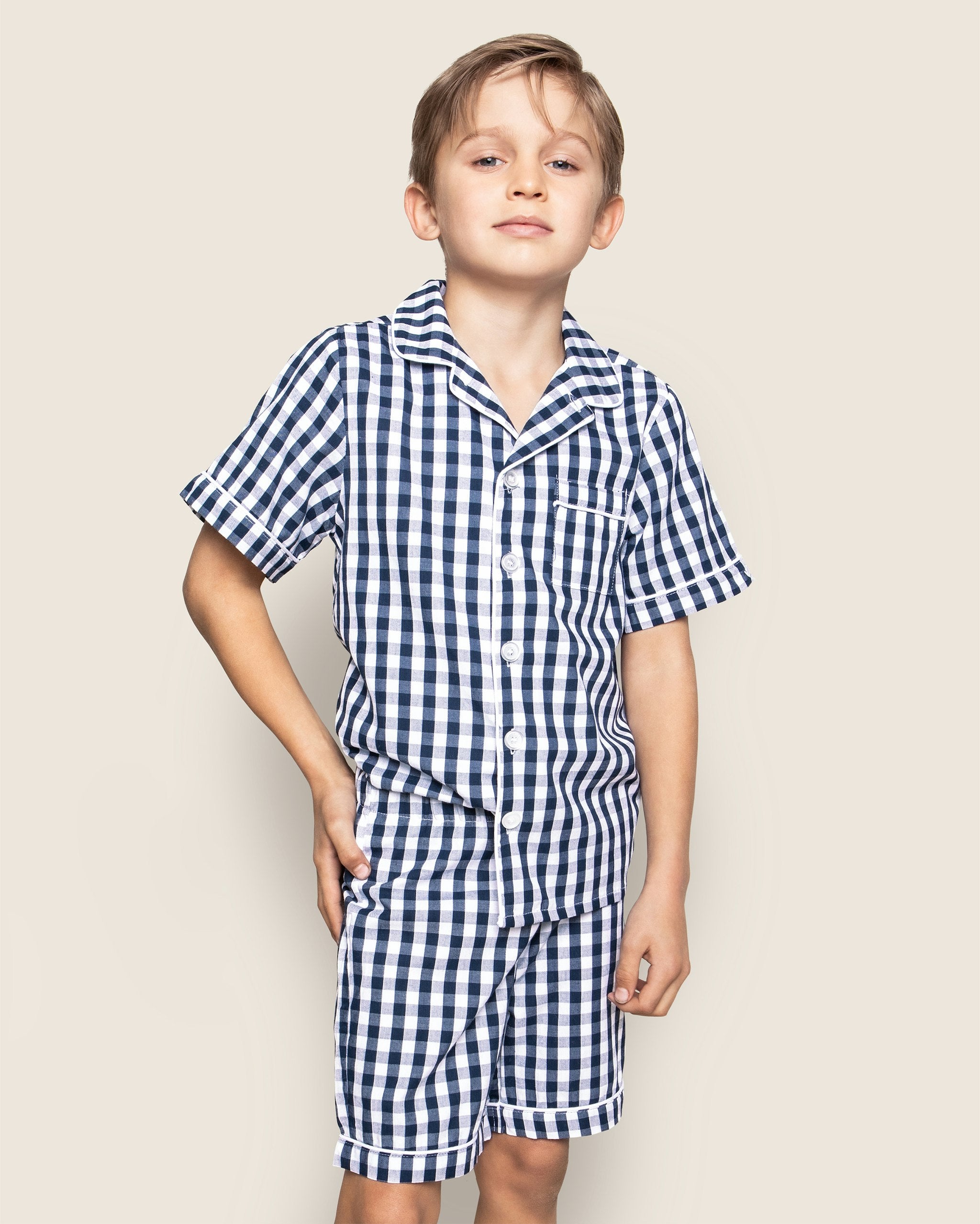 Kid's Twill Short Set in Light Blue Gingham in Navy Gingham#Color_Navy Gingham
