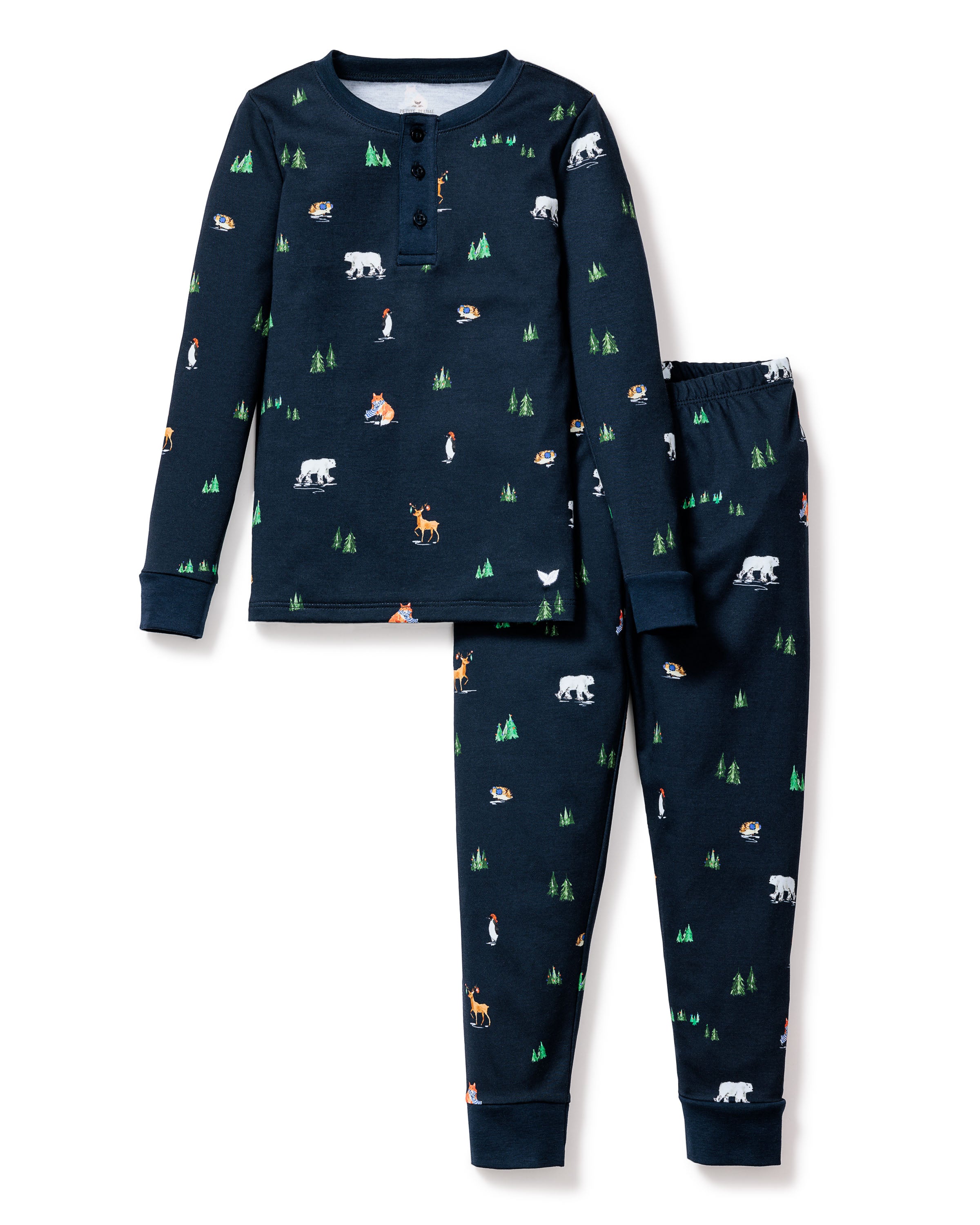 The Petite Plume Kids Pima Snug Fit Pajama Set in Arctic Antics offers cozy comfort with its dark blue long sleeve top and pants. Adorned with playful bear, fox, rabbit, and pine tree patterns, its crafted from soft Pima cotton for ultimate comfort.