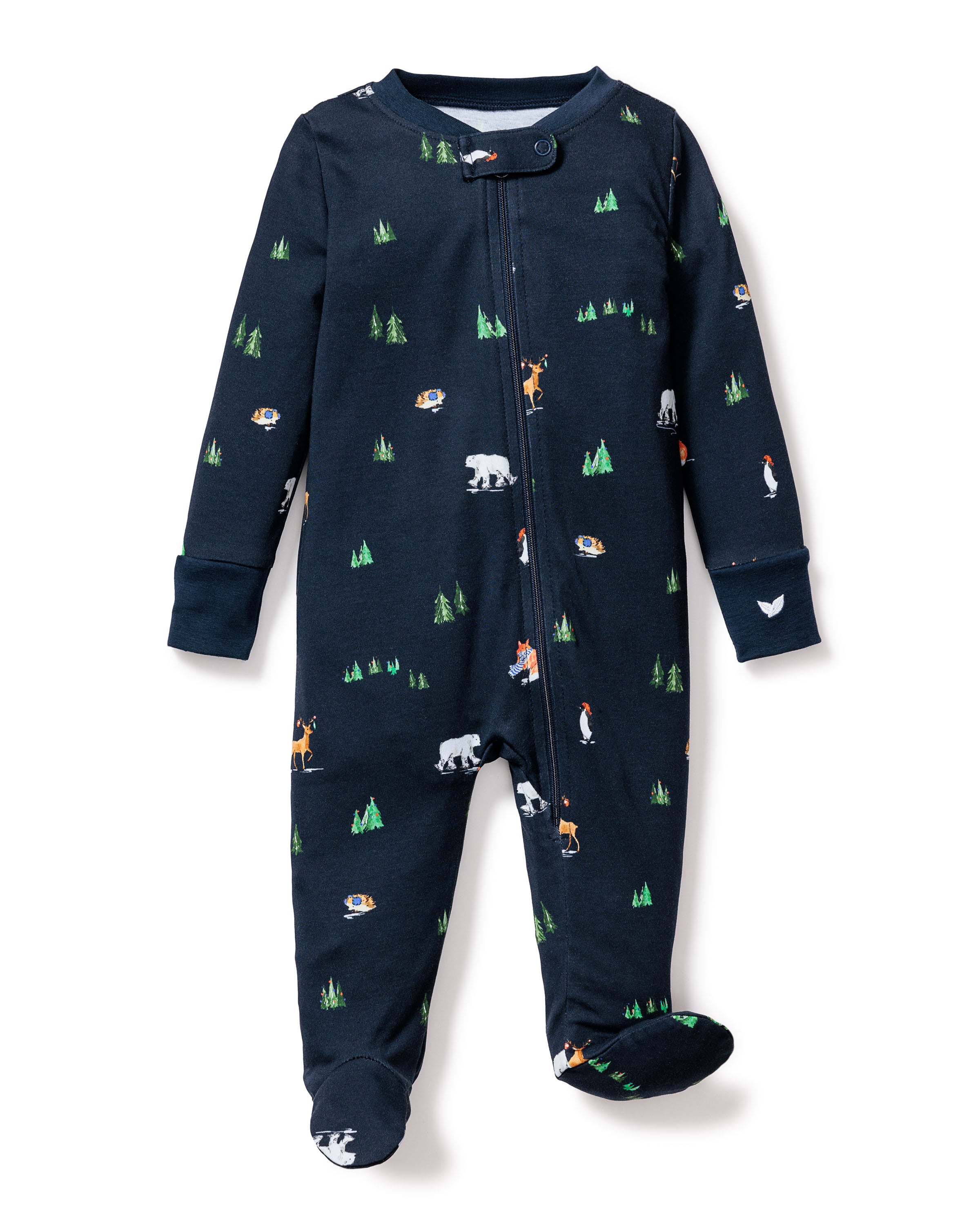 The Babys Pima Romper in Arctic Antics by Petite Plume is a navy onesie made from soft Pima cotton. It features a front zipper, vibrant colors with bears, penguins, trees in green, white, and orange. This breathable romper has long sleeves and covered feet for extra comfort.