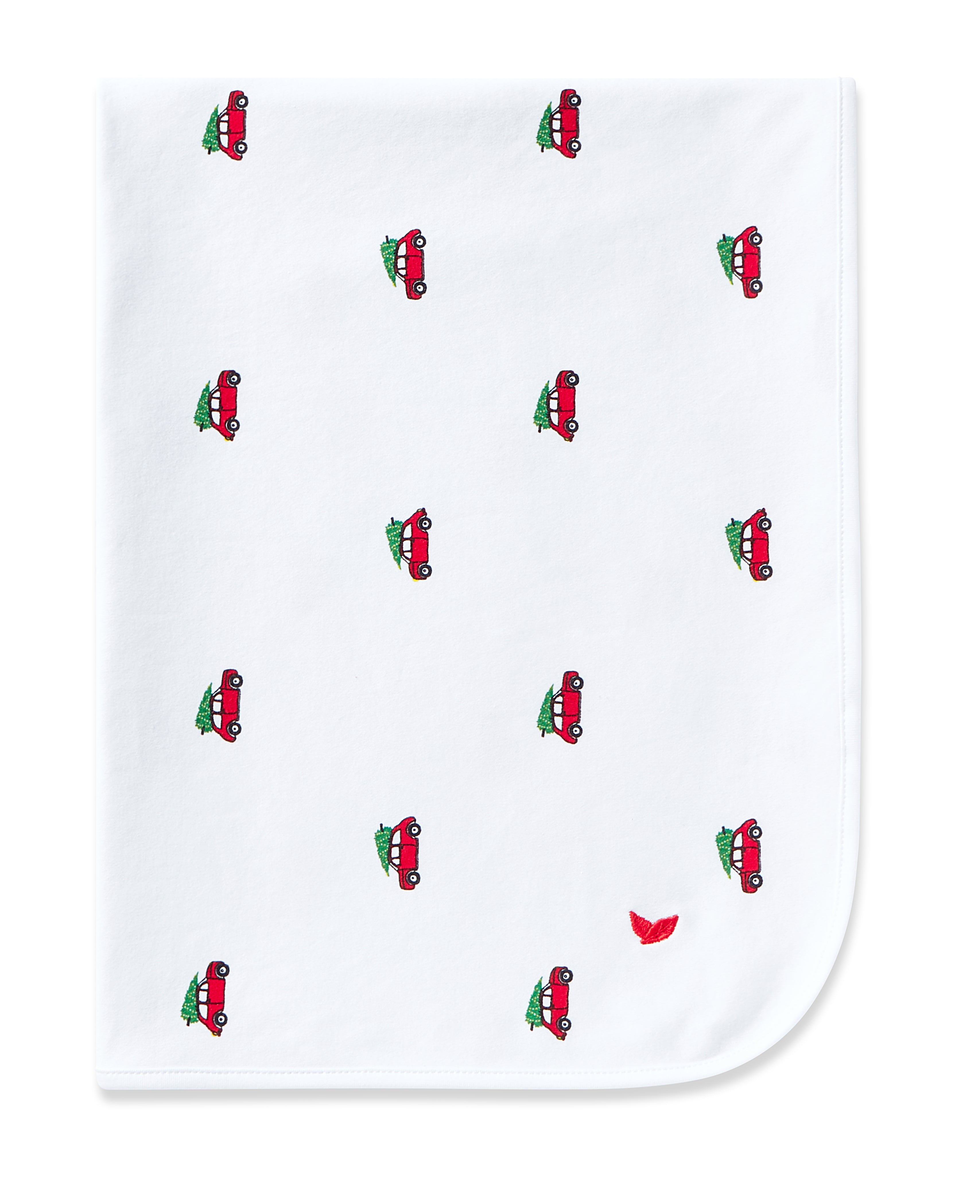 The Petite Plume Pima Baby Blanket in Holiday Journey features small red cars with green Christmas trees scattered throughout and a charming rounded corner, highlighted by a red leaf design for extra baby comfort.