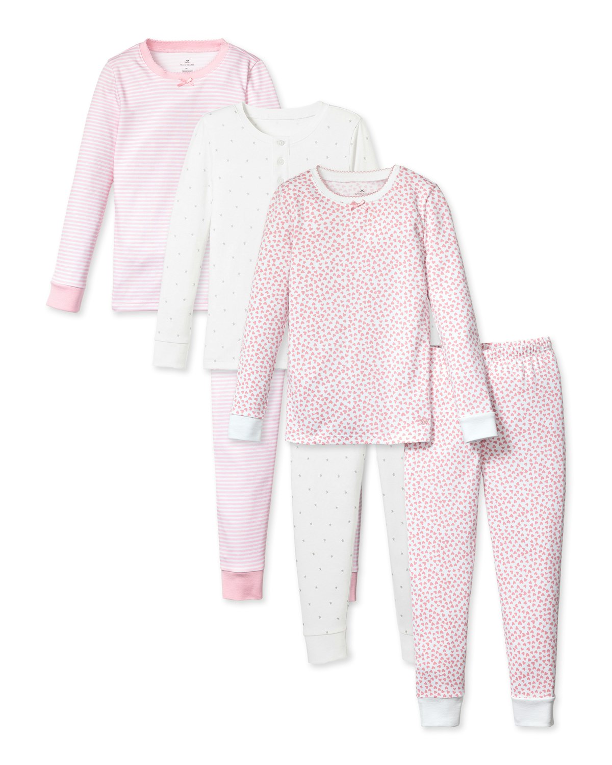 Four sets of Petite Plumes Girls Pima Snug Fit Pajama Trio, made from soft Pima cotton, are displayed. Each snug-fit sleepwear set includes a long-sleeve top and pants with designs like pink stripes, white with small patterns, and pink and white floral prints.