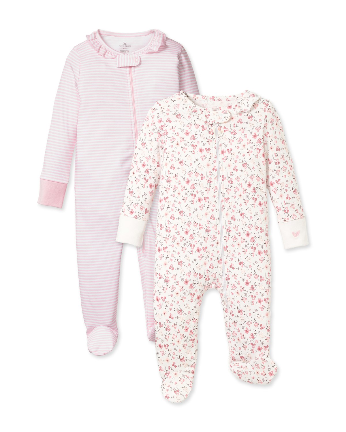 Displayed are two infant sleepers from Petite Plume. The Babys Pima Ruffle Collar Romper Duo includes one with pink and white stripes, featuring a ruffled collar, and the other with pink floral prints on a white background. Both offer footed designs and long sleeves, ideal for cozy nights.