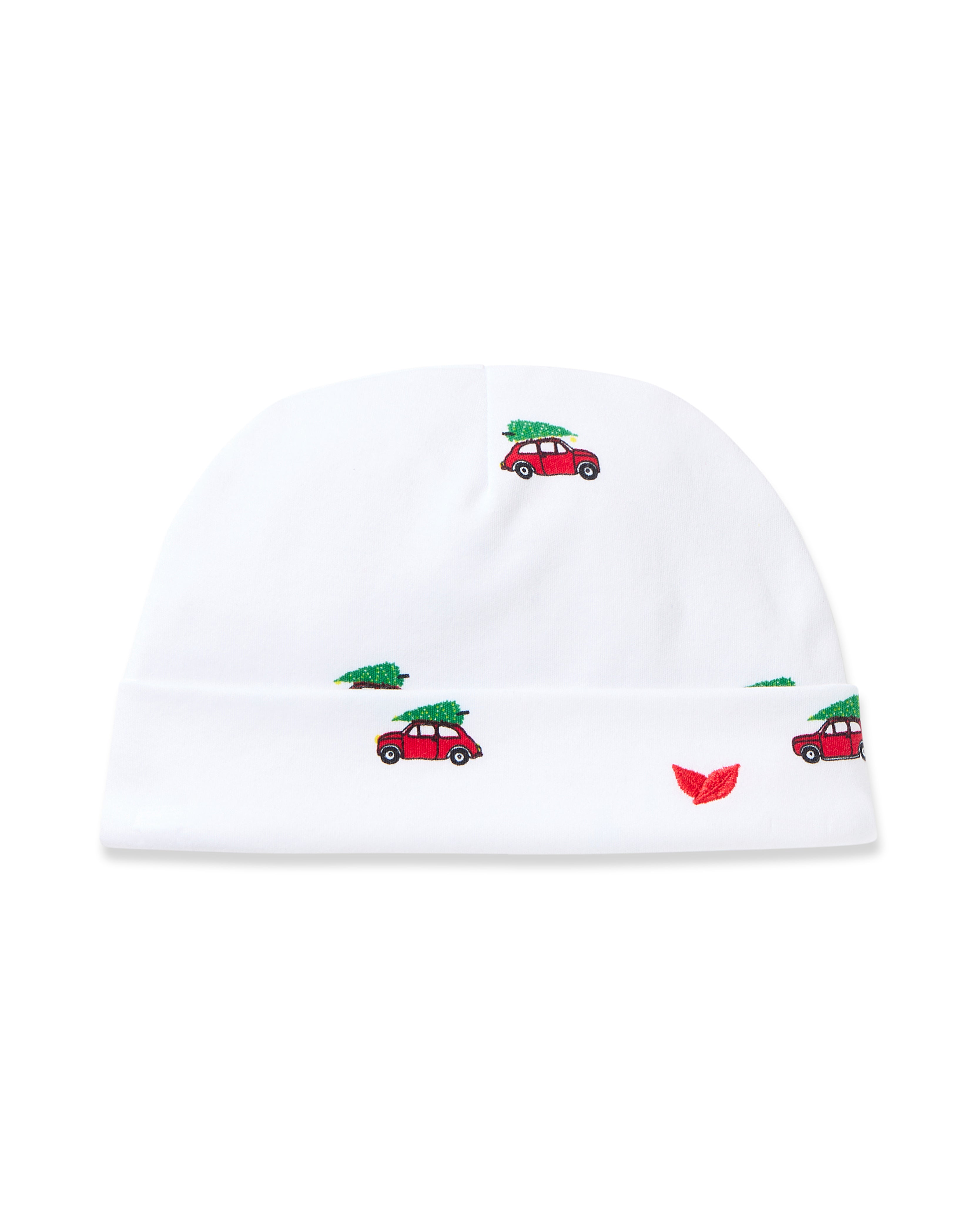 The Babys Pima Hat in Holiday Journey by Petite Plume is a cozy white beanie made from soft Peruvian Pima Cotton. It features red cars with green Christmas trees and a charming red leaf design, making it perfect for keeping your baby stylish and snug this holiday season.