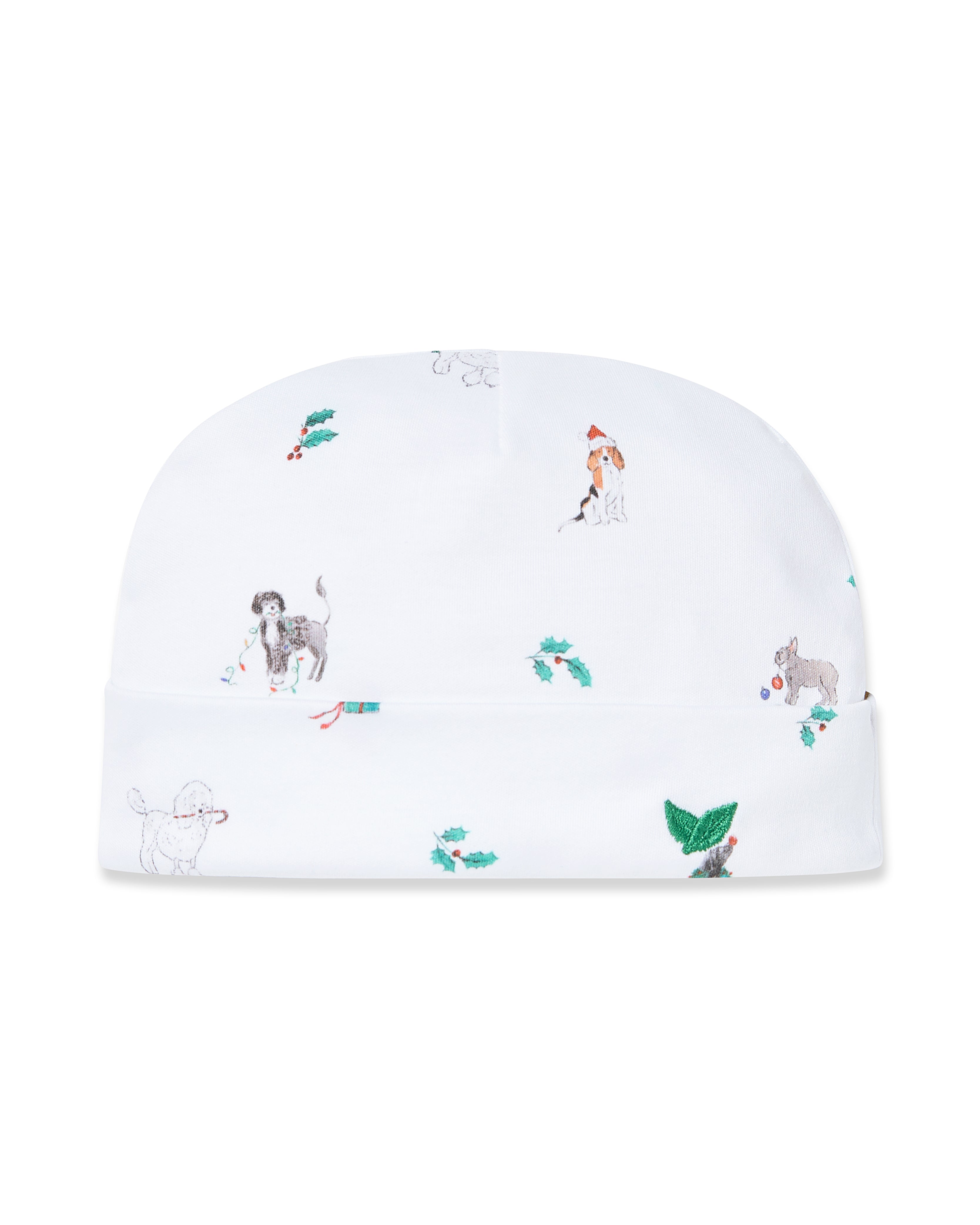 The Petite Plume Babys Pima Hat in Jingle Paws, made from soft Peruvian Pima Cotton, features playful animal and Christmas-themed illustrations like holly leaves and berries. Its gentle on babys delicate skin, offering a festive and cute look.