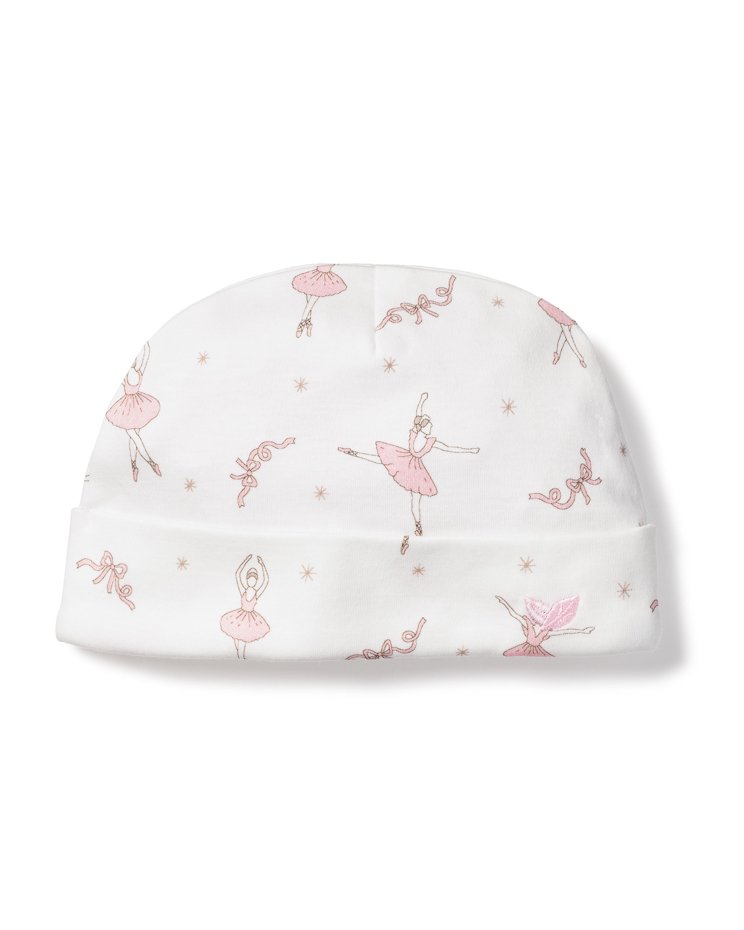 The Babys Pima Hat in Sugar Plum Fairy by Petite Plume is made from luxurious Peruvian Pima Cotton and showcases pink ballerina illustrations with ribbons and small stars, adding charm to any babys outfit.
