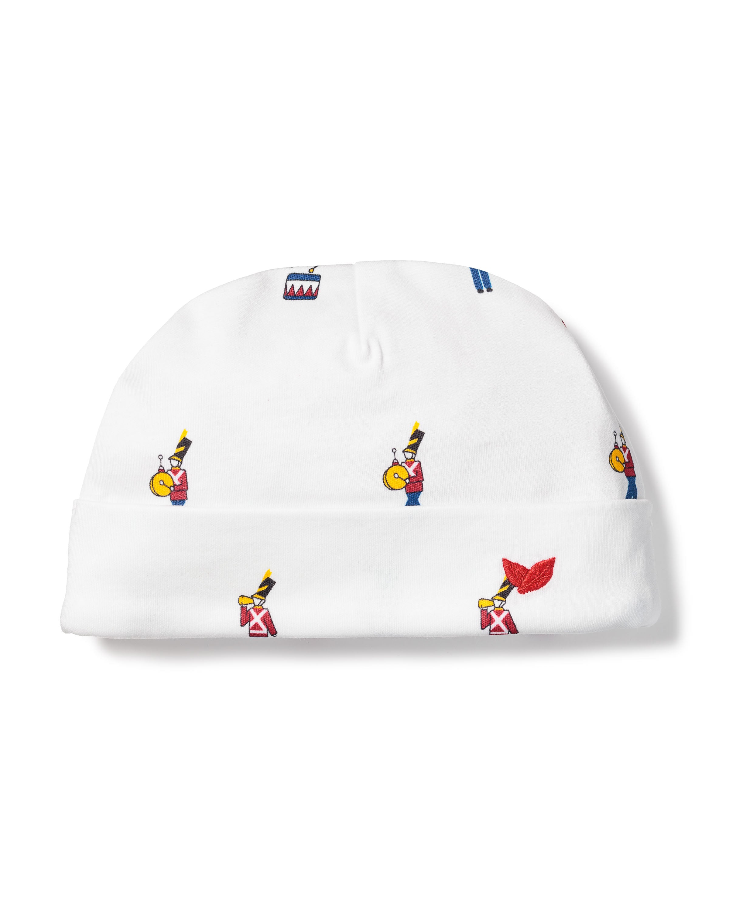 Petite Plumes Babys Pima Hat in Toy Soldier, made from Peruvian Pima Cotton, boasts embroidered drummers and red accents. Its fun design adds festivity while being gentle on delicate skin, making it an ideal cozy baby hat!.
