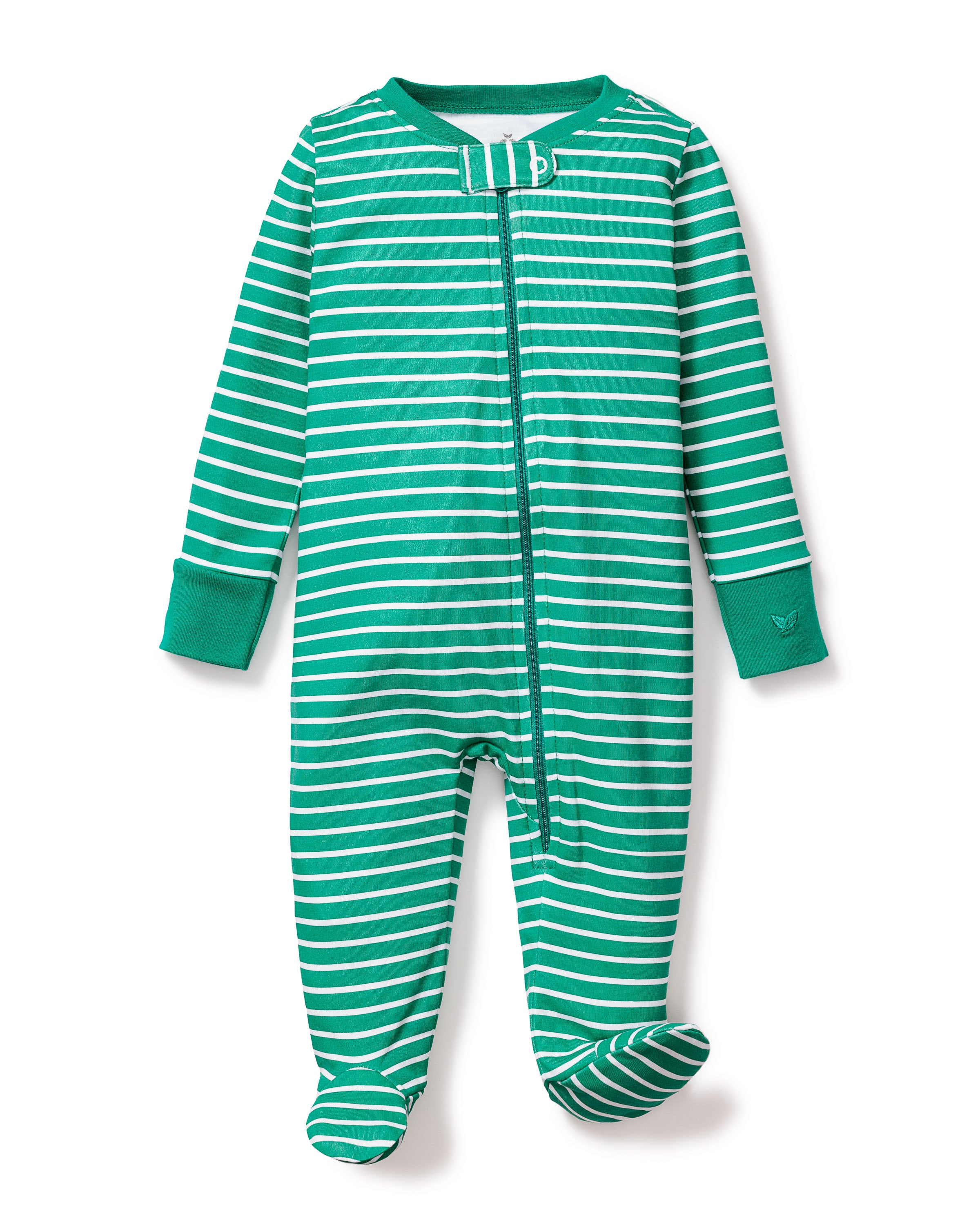 The Petite Plume Babys Pima Romper in Green Stripe is made from soft Peruvian Pima Cotton. It features long sleeves, a footed design, green cuffs on wrists and feet, and a convenient front zipper, making it perfect as cozy daywear.
