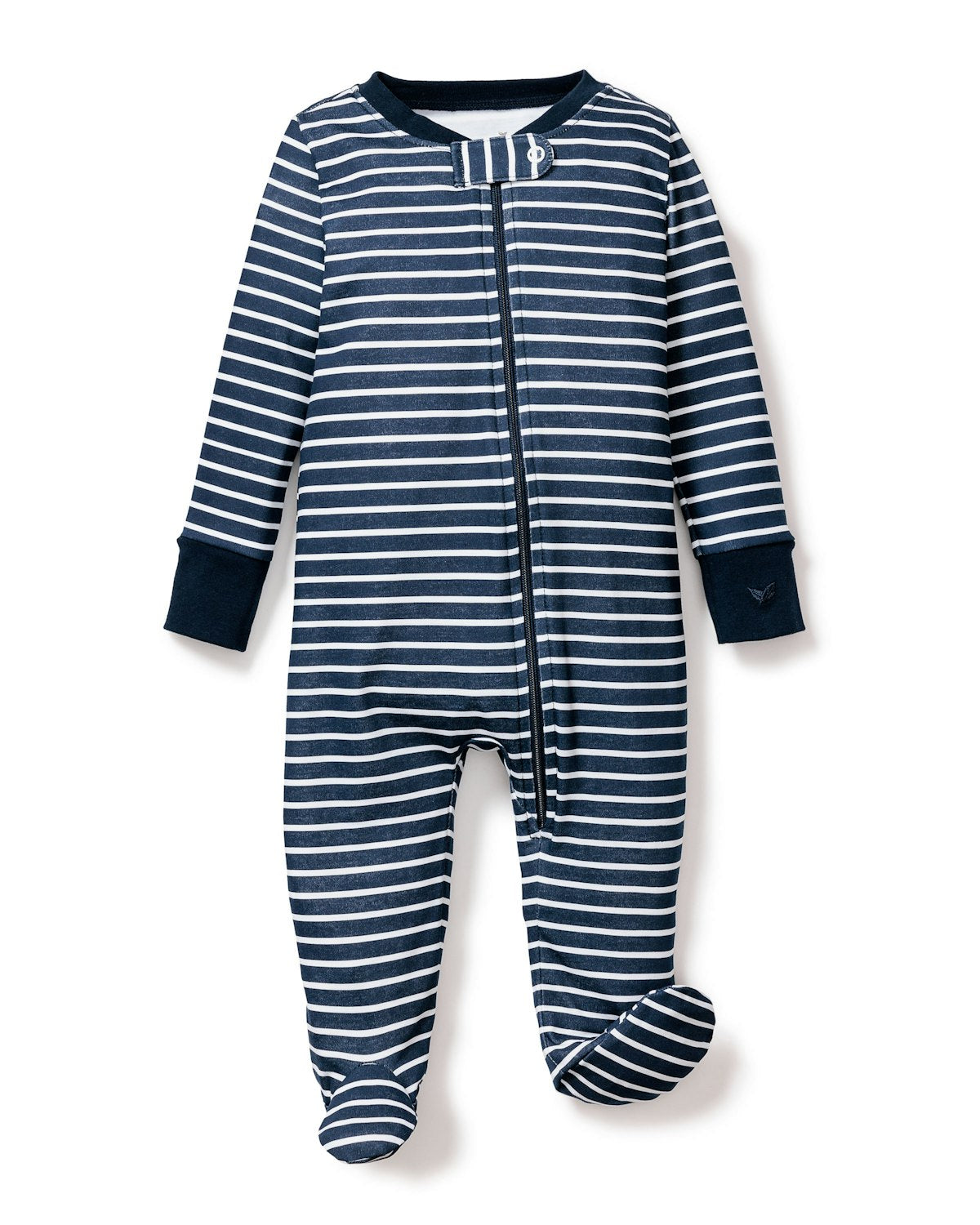 The Petite Plume Babys Pima Romper in Navy Stripe is a full-length, long-sleeve outfit featuring navy and white horizontal stripes. Made from soft Pima cotton, it includes a front zipper, footed bottoms for warmth, and solid navy trim accents on the collar, cuffs, and feet.