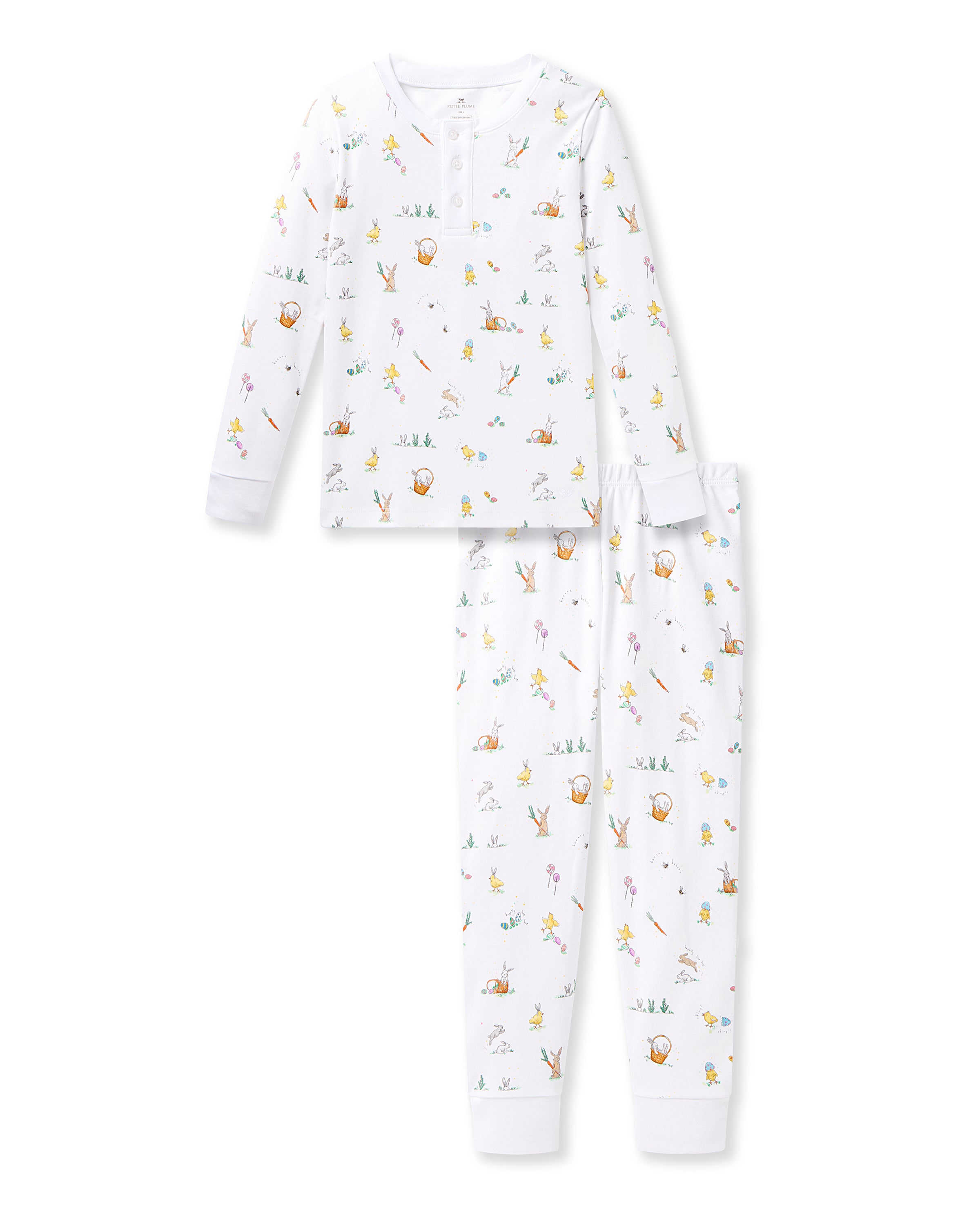 The Kids Pima Snug Fit Pajama Set in Easter Frolic by Petite Plume features a long-sleeve top with a button placket at the collar and pants decorated with vibrant cartoon characters, flowers, and nature-themed designs.