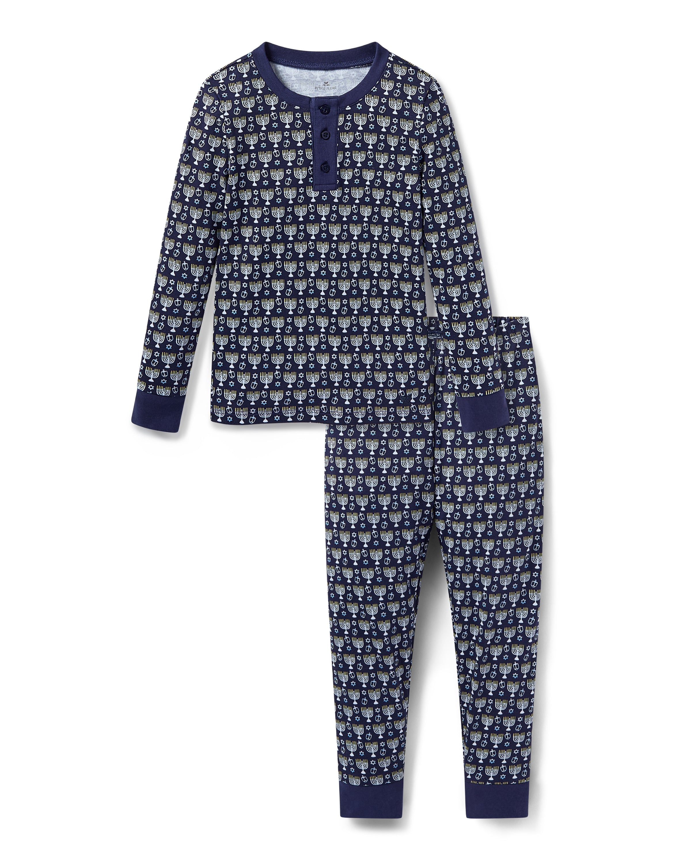 Kid's Pima Snug Fit Pajama Set in Festival of Lights: Navy blue long-sleeve top and pants for kids, with small white and light blue cartoon cats, dark blue cuffs and collar, and three front buttons.