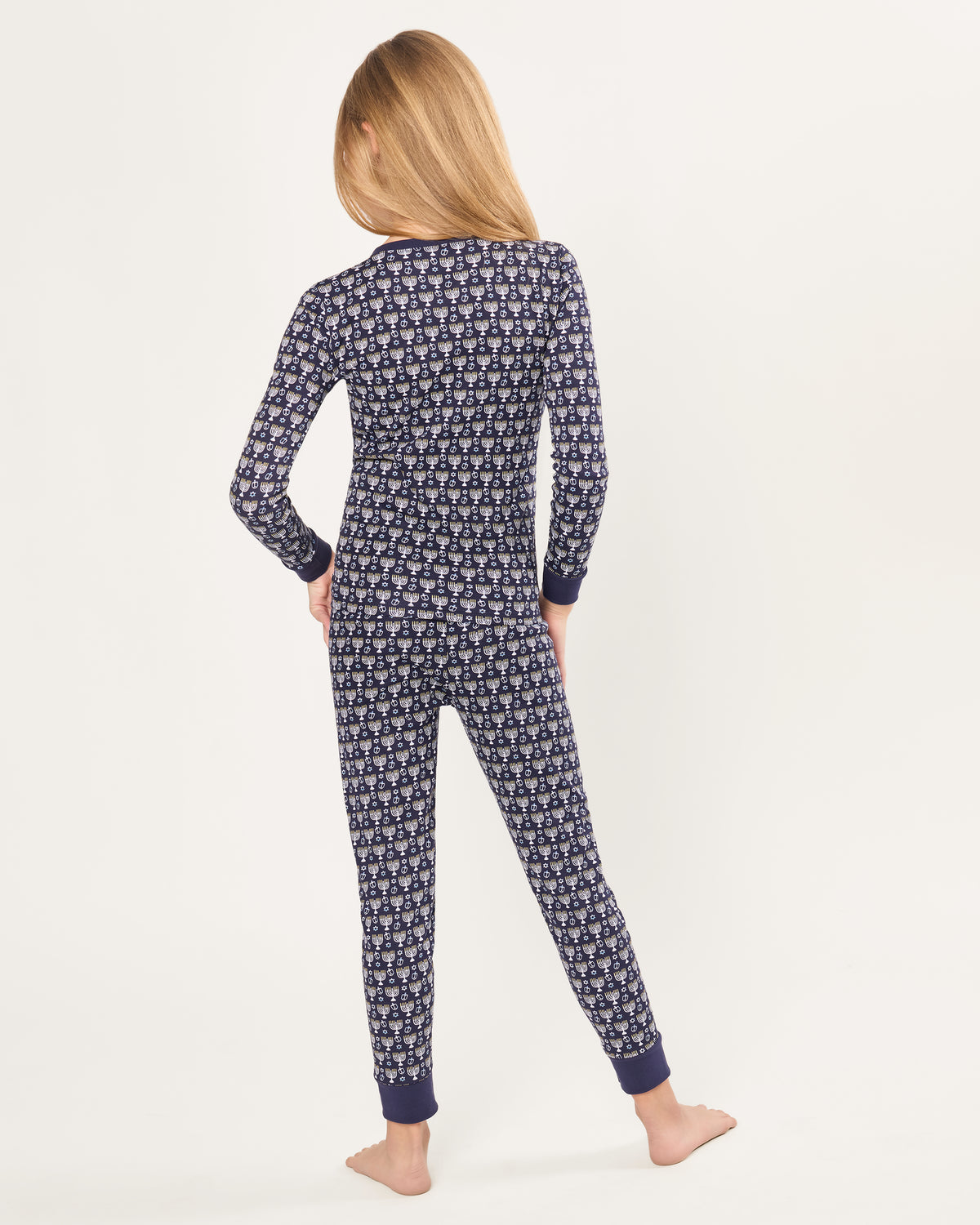 Kid's Pima Snug Fit Pajama Set in Festival of Lights: Navy blue long-sleeve top and pants for kids, with small white and light blue cartoon cats, dark blue cuffs and collar, and three front buttons.