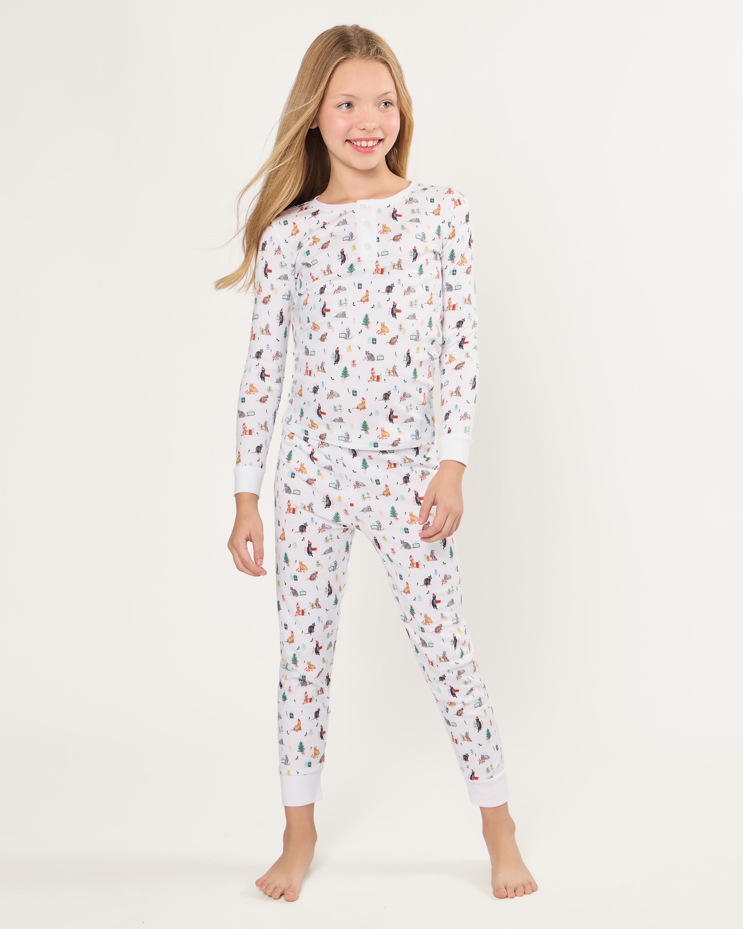 Kid's Pima Snug Fit Pajama Set in Merry Meow
