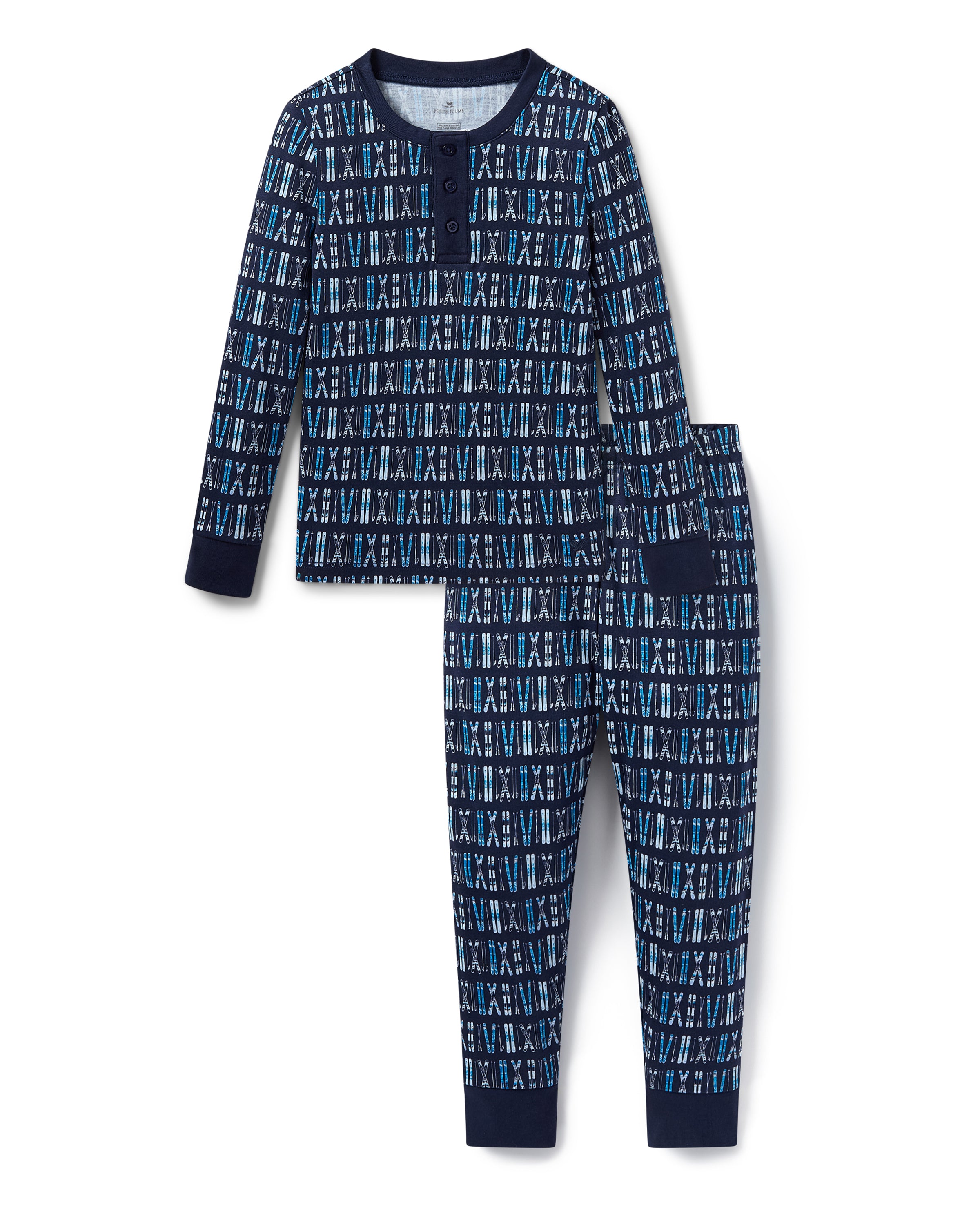 The Kid's Pima Snug Fit Pajama Set in Ski Trails features a coordinated long-sleeve top and pants with a blue and black geometric design and dark blue cuffs on the sleeves, neckline, and pant legs.