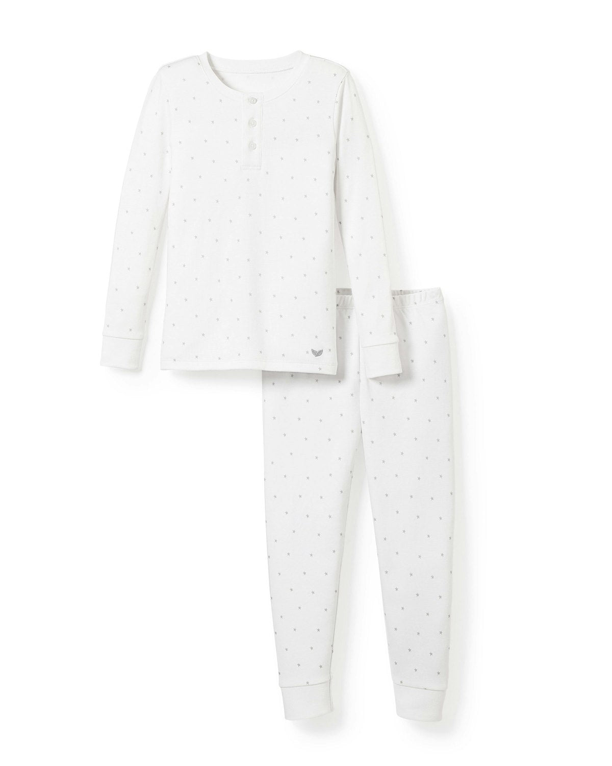The Girls Pima Snug Fit Pajama Trio by Petite Plume includes a white, two-piece sleepwear set featuring a long-sleeve top with a buttoned neckline and matching pants. Crafted from soft Pima cotton, both pieces have a subtle dotted pattern and are displayed against a plain white background.