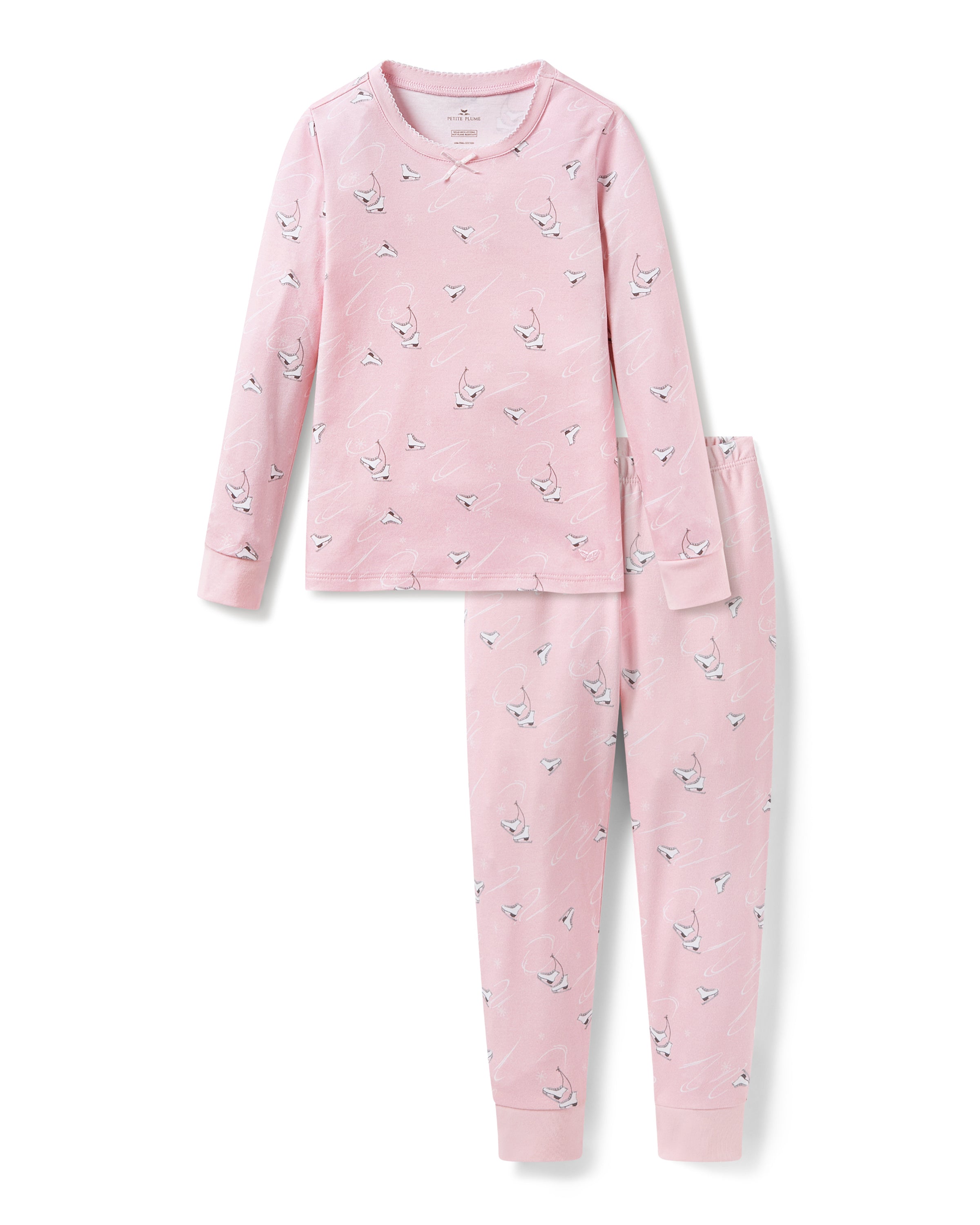 The Kid's Pima Snug Fit Pajama in Winter Skates features a long-sleeved top and pants, displayed flat on a white background.