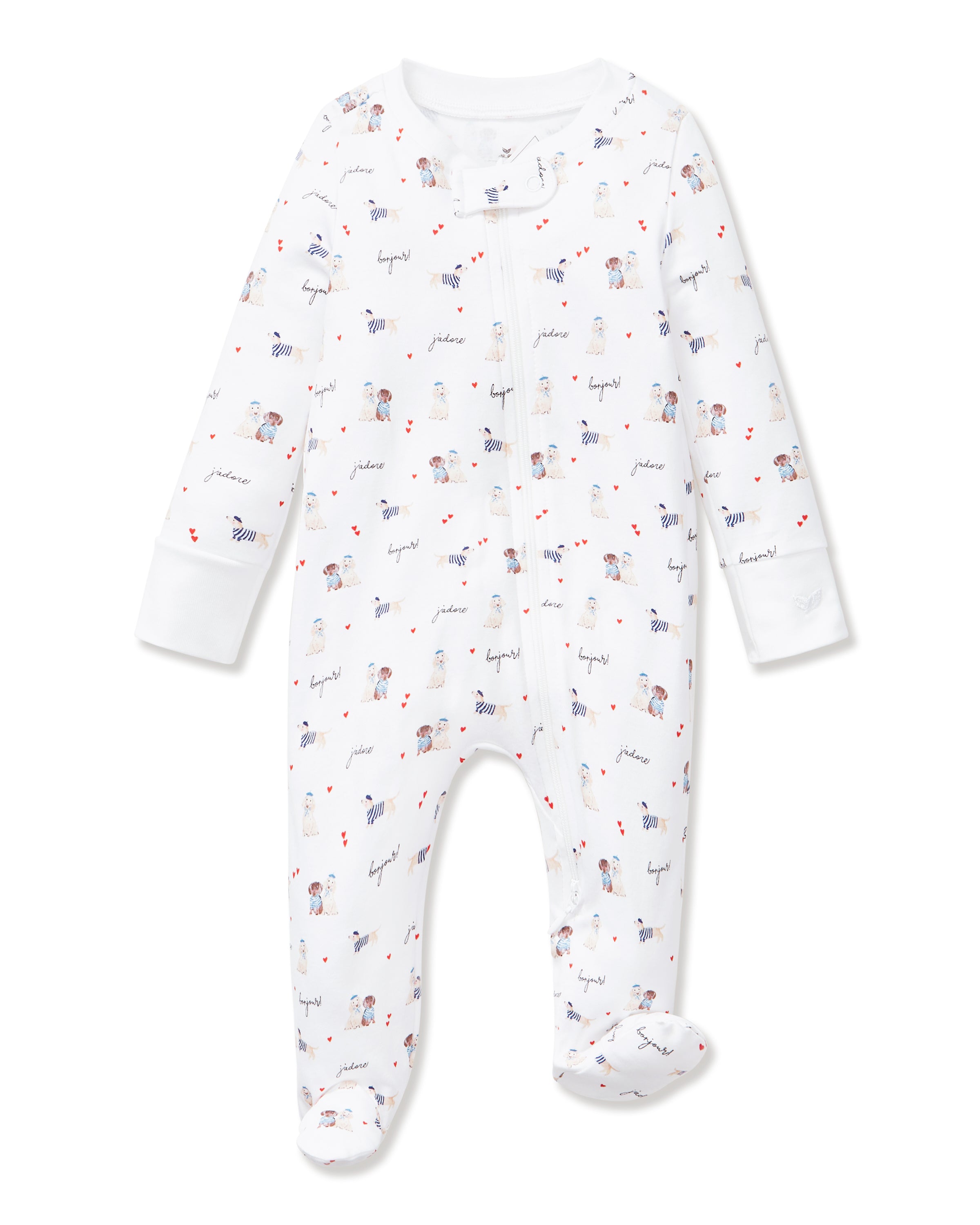 The Baby's Pima Romper in Le Woof is a white footed onesie with a front zipper, featuring playful blue, red, and tan illustrations and cursive words, plus tiny hearts and charming patterns throughout.