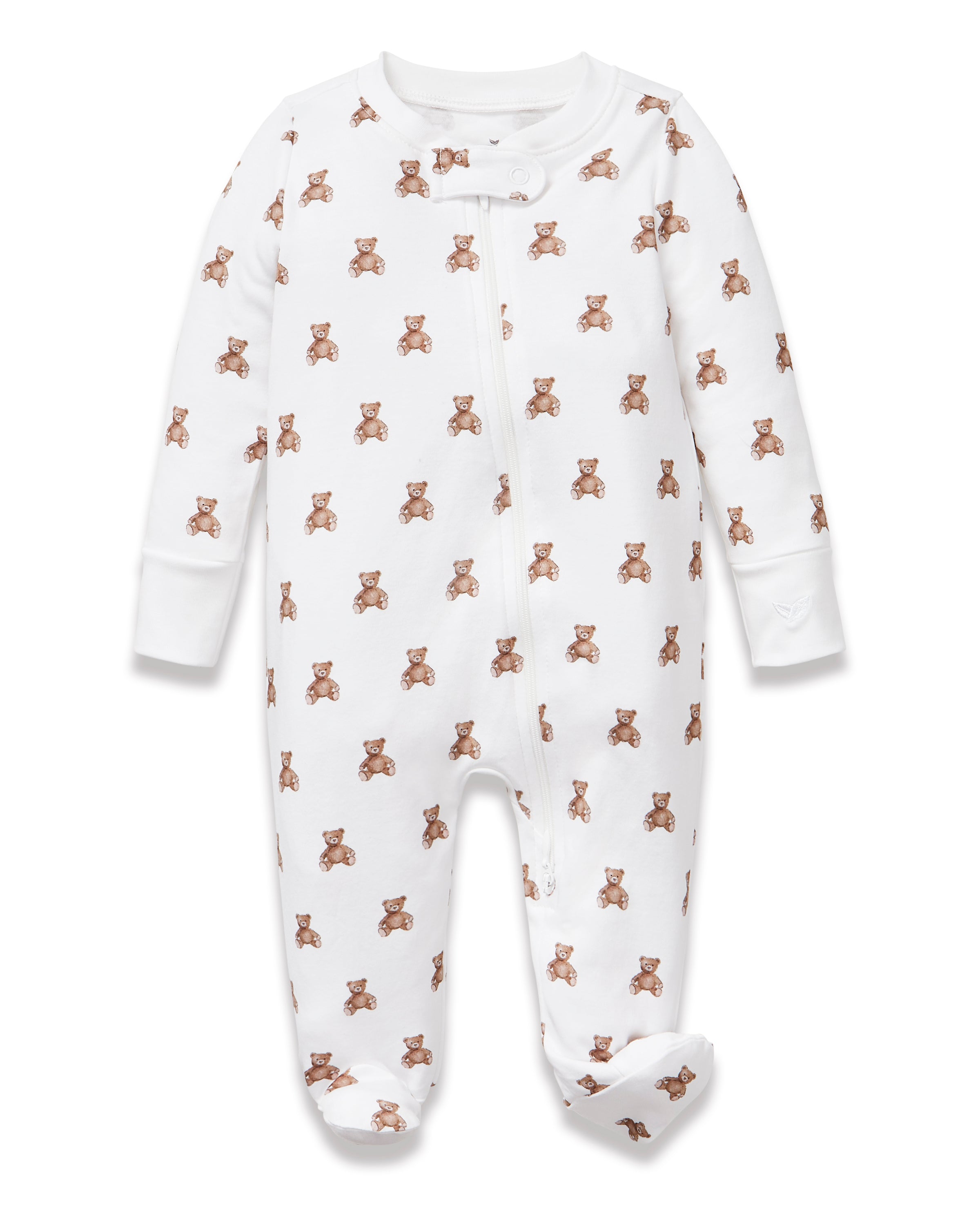 The Baby's Pima Romper in Teddy Tales features a white base with an all-over brown teddy bear print, long sleeves, a zip closure from neck to leg, and a snap button at the collar.