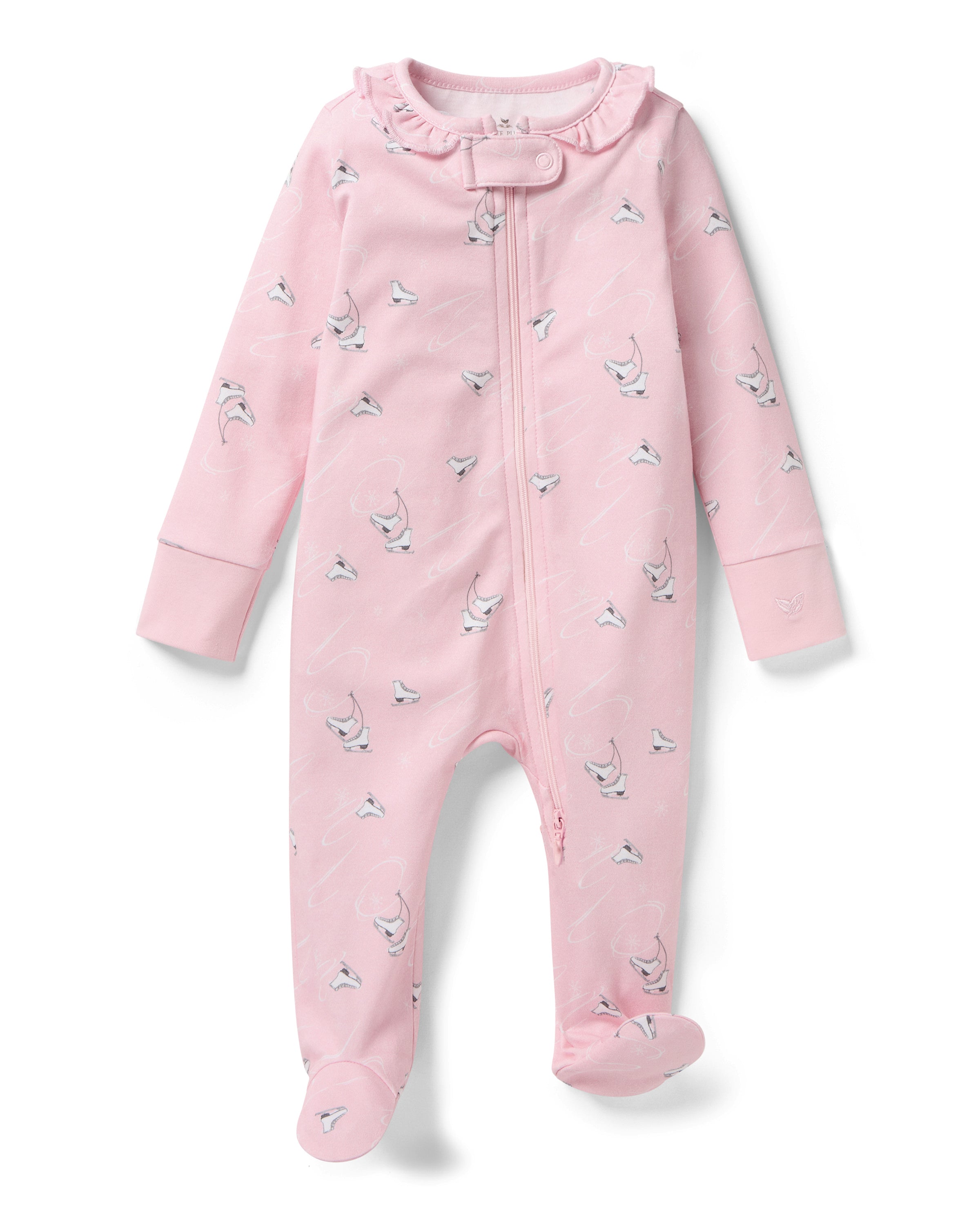 A pink, long-sleeved Baby's Pima Romper in Winter Skates, featuring a front zipper, white and gray skating print, and delicate ruffles around the collar.