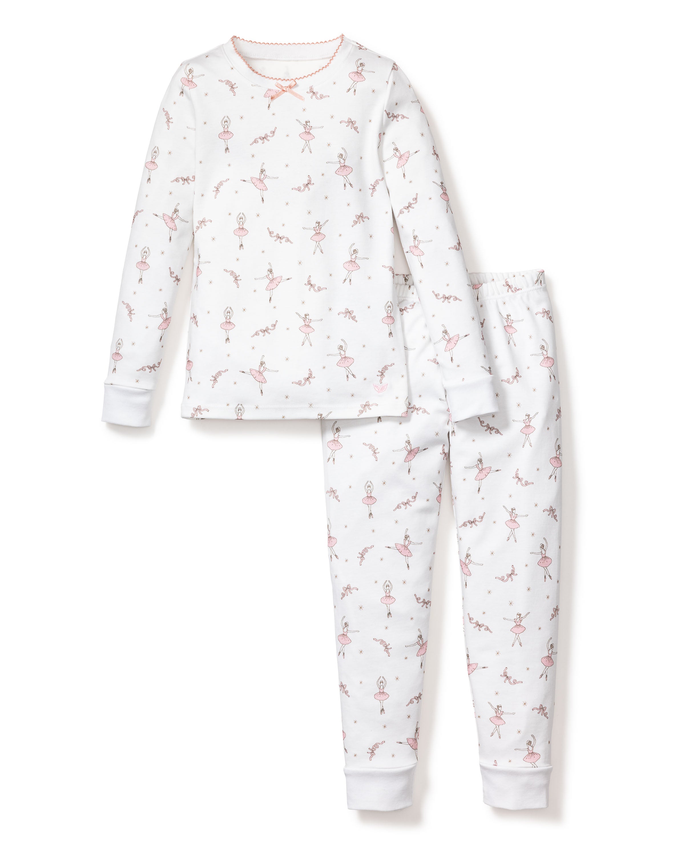 The Kids Pima Snug Fit Pajama Set in Sugar Plum Fairy by Petite Plume features delightful white pajamas crafted from soft Pima Cotton with a pink ballerina print, including a cozy long-sleeve top and matching pants for dreamy nights.