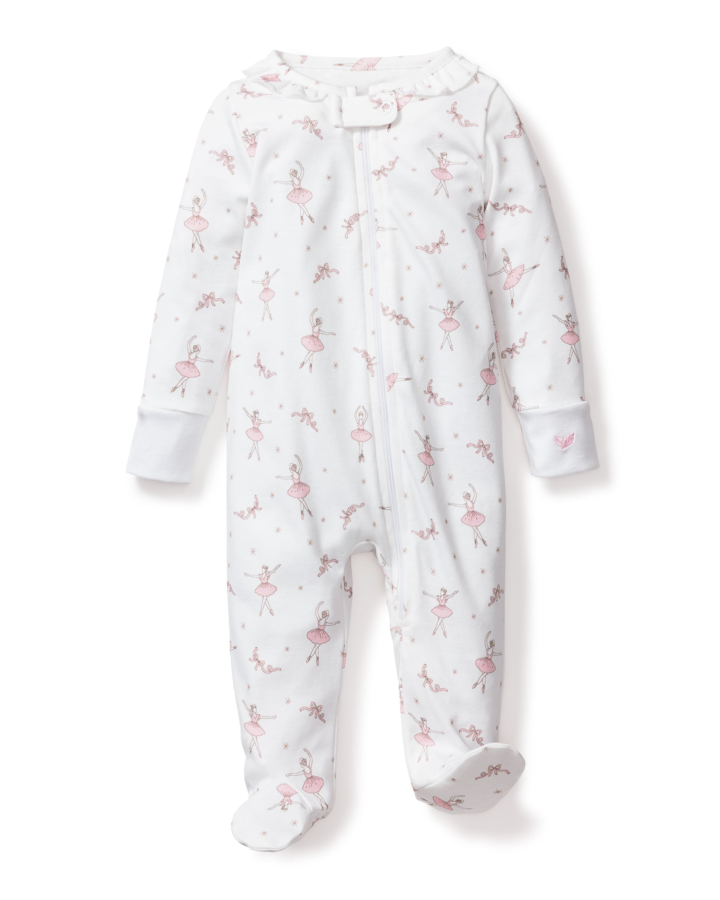 The Babys Pima Romper in Sugar Plum Fairy by Petite Plume is crafted from soft Pima cotton, featuring a front zipper and adorned with pink ballerinas and small floral patterns. Its long sleeves and footed bottoms make it cozy sleepwear for your little one.