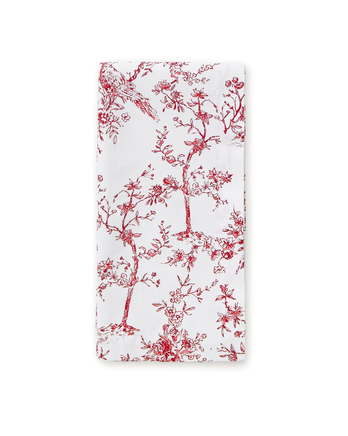 A set of Signature Twill Napkins in Red Timeless Toile, neatly folded with a red floral and branch pattern, displayed on a plain white background.