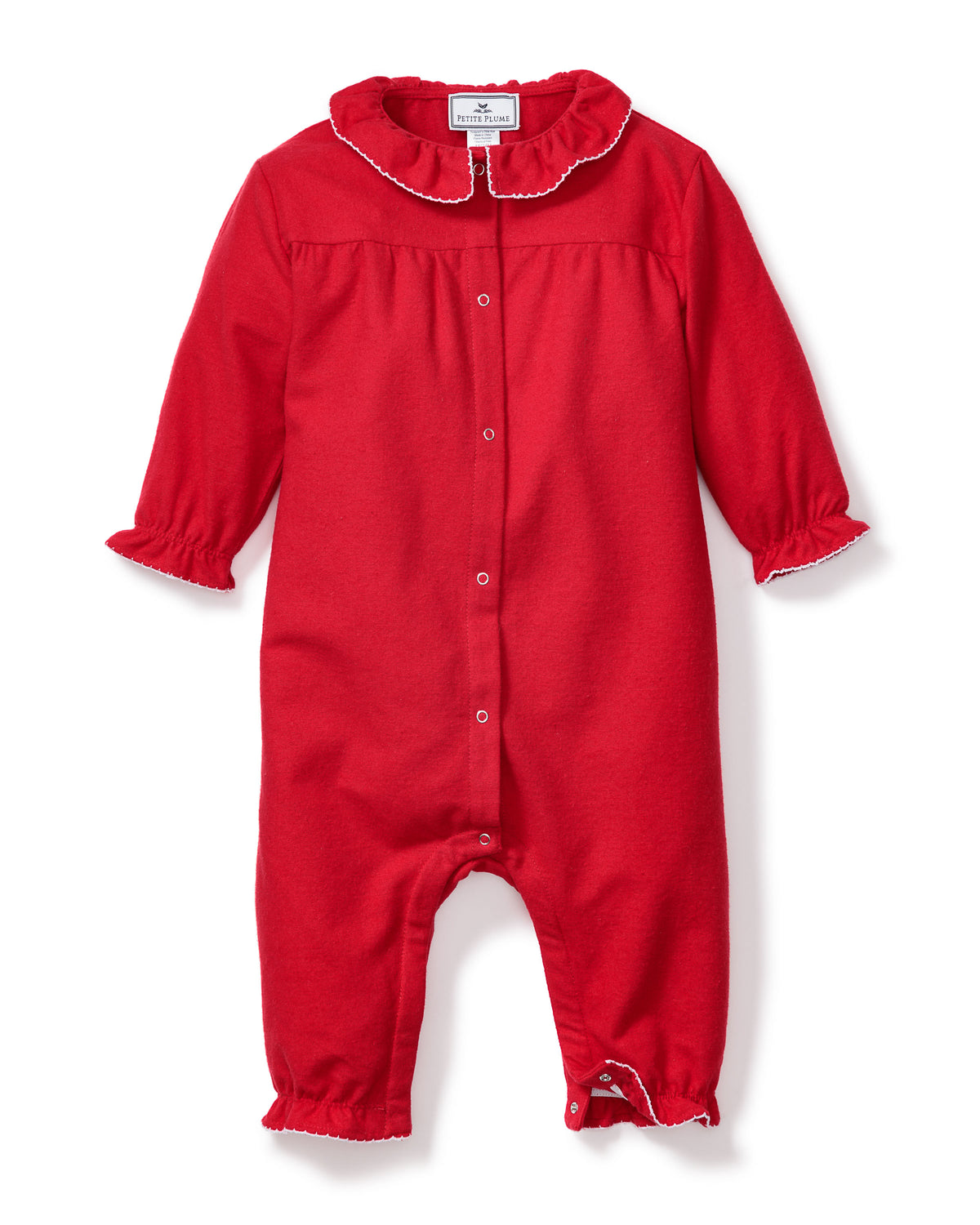 The Babys Flannel Madeline Romper by Petite Plume is a red, chemical-free sleepwear featuring long sleeves, snap buttons down the front and legs, a ruffled collar, and playful ruffles at the cuffs and ankles for a cozy look.