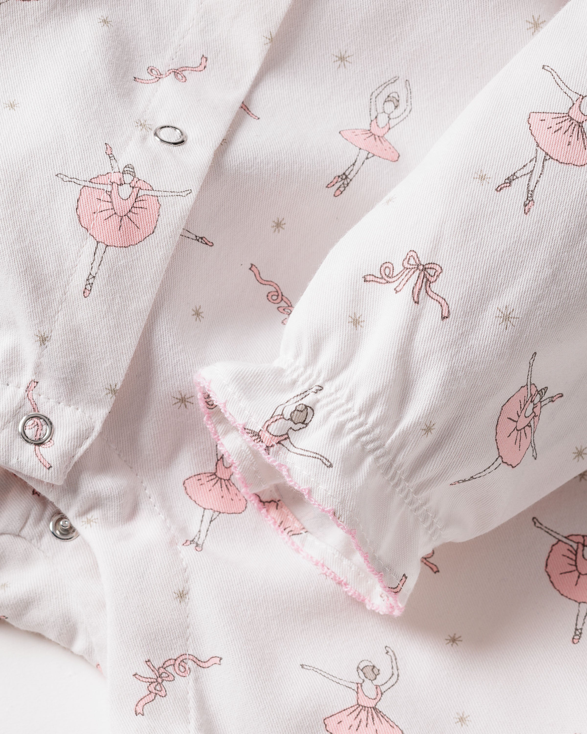 Close-up of Petite Plumes Babys Flannel Madeline Romper in Sugar Plum Fairy, showcasing white fabric adorned with pink ballet dancers and ribbons. The romper features buttoned detailing, gathered sleeves with pink trim, and is made from flame-retardant material for safe and charming childrens sleepwear.