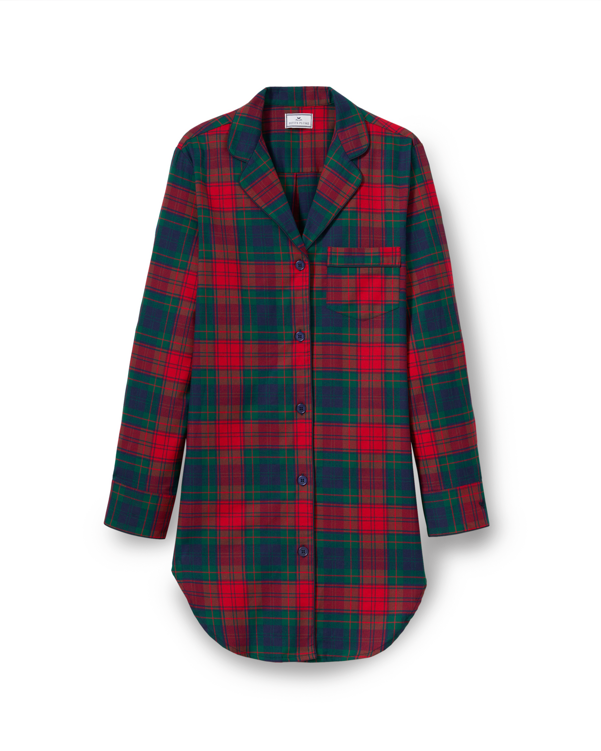 Women’s Brushed Twill Nightshirt in St. James Tartan, a long-sleeved button-down featuring a red, green, and blue plaid pattern with a notched collar and a single chest pocket.