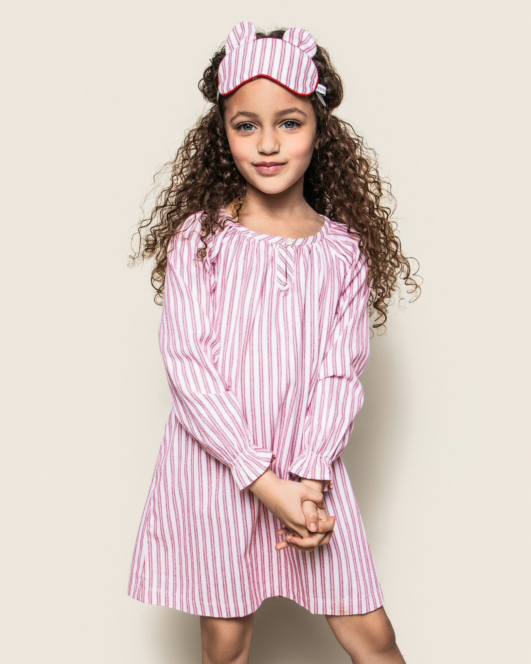Girl's Twill Delphine Nightgown in Navy French Ticking in Antique Red Ticking#Color_Antique Red Ticking