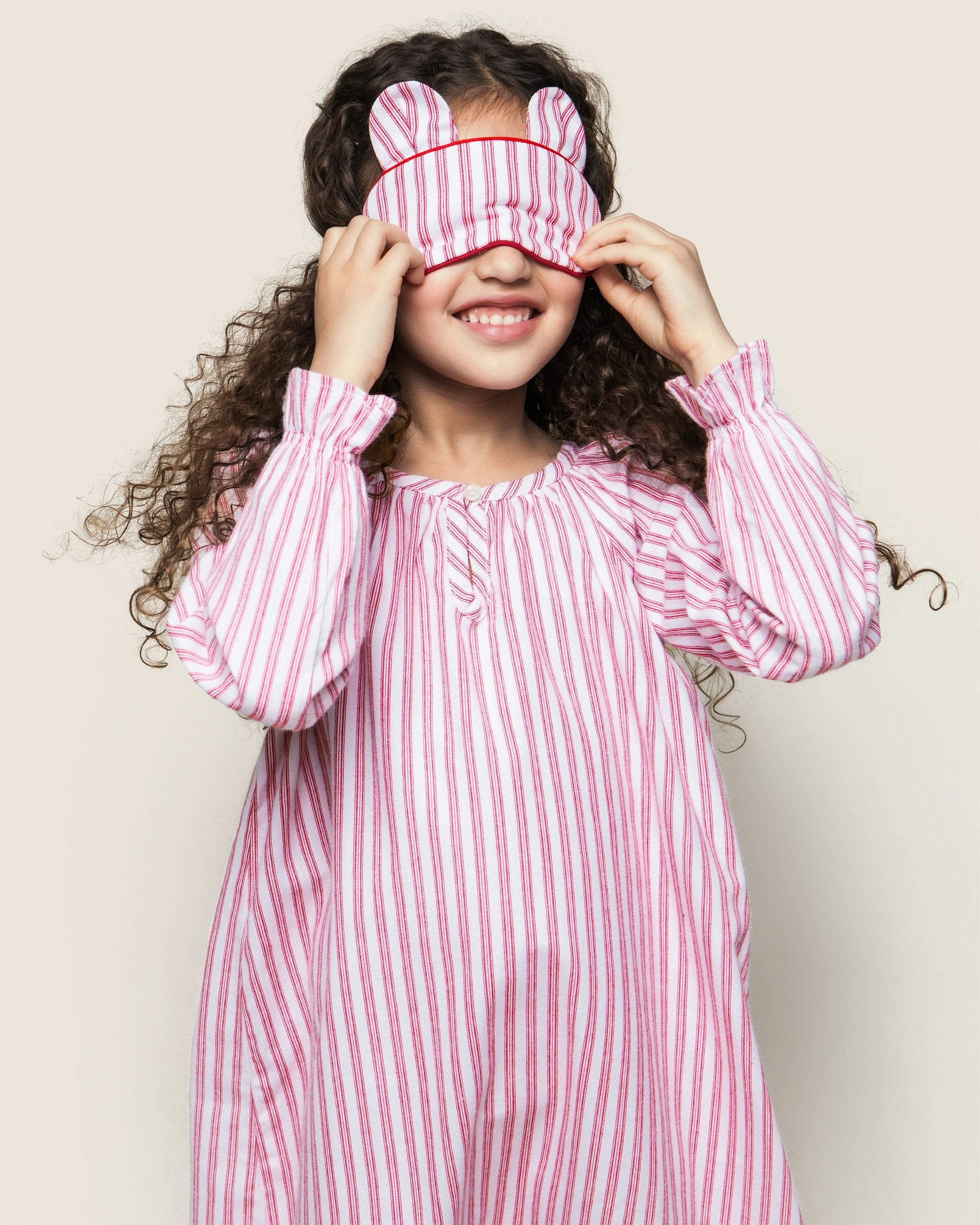Girl's Twill Delphine Nightgown in Navy French Ticking in Antique Red Ticking#Color_Antique Red Ticking