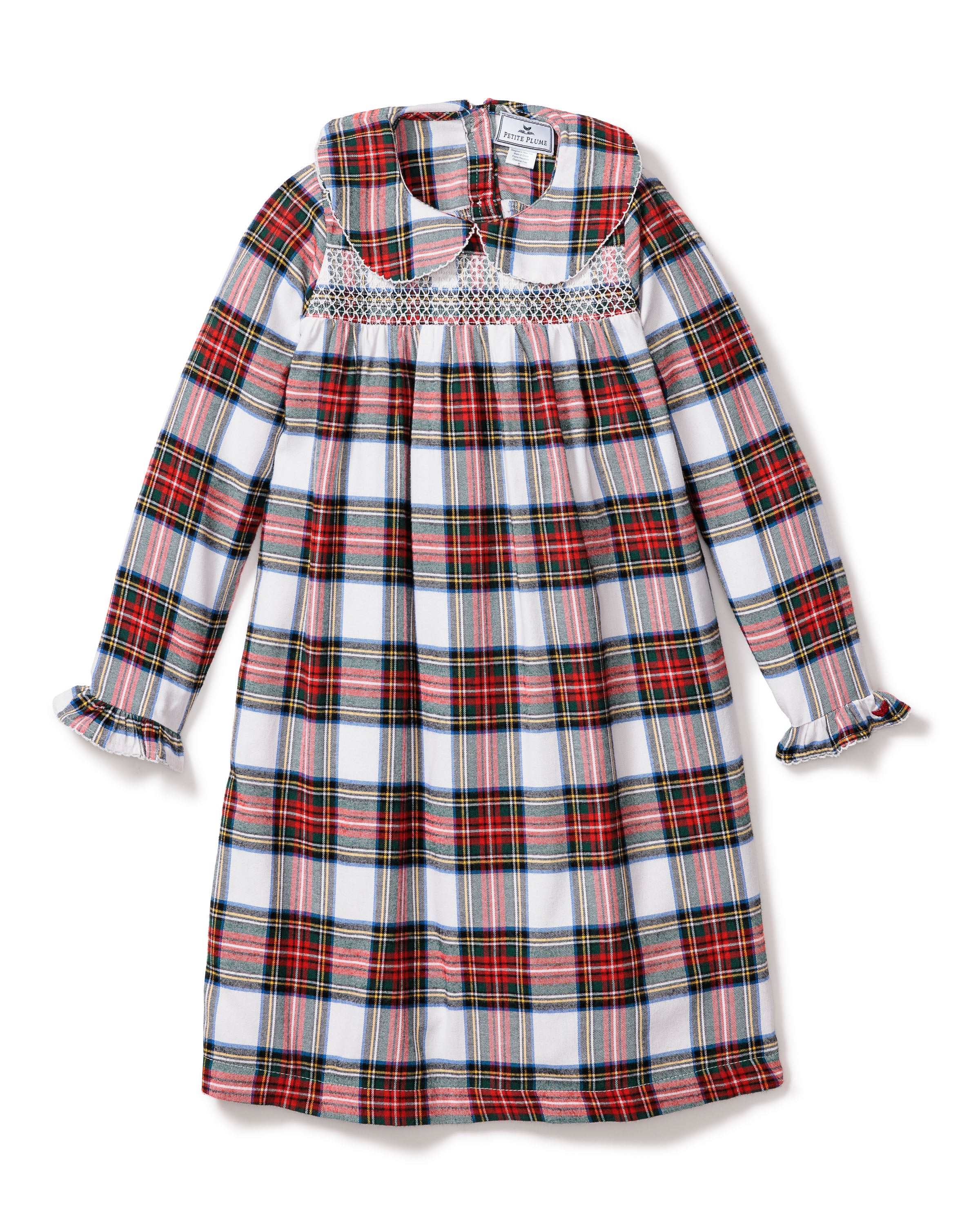 The Girls Brushed Cotton Eloise Nightgown by Petite Plume features long sleeves, a Peter Pan collar, and Balmoral Tartan design in red, green, blue, and white checks with smocked chest and ruffled cuffs.