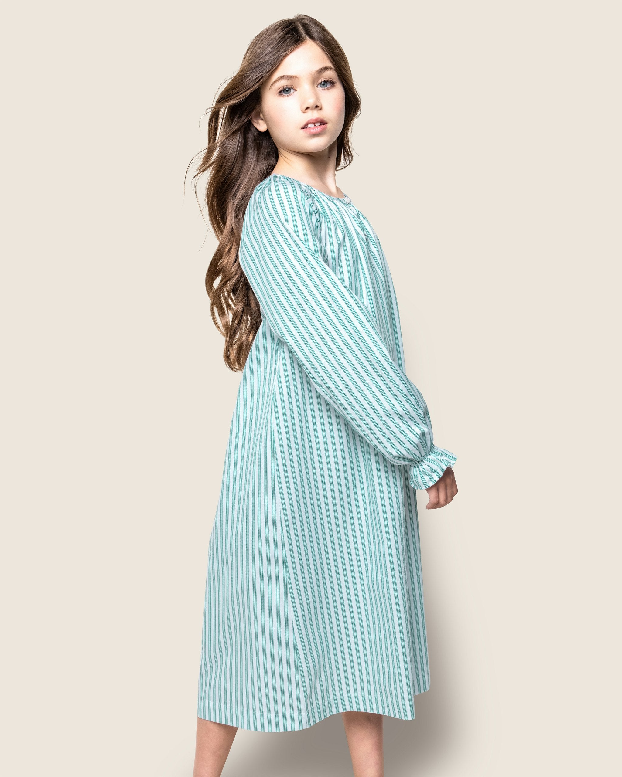 Girl's Twill Delphine Nightgown in Emerald Ticking in Emerald Ticking#Color_Emerald Ticking