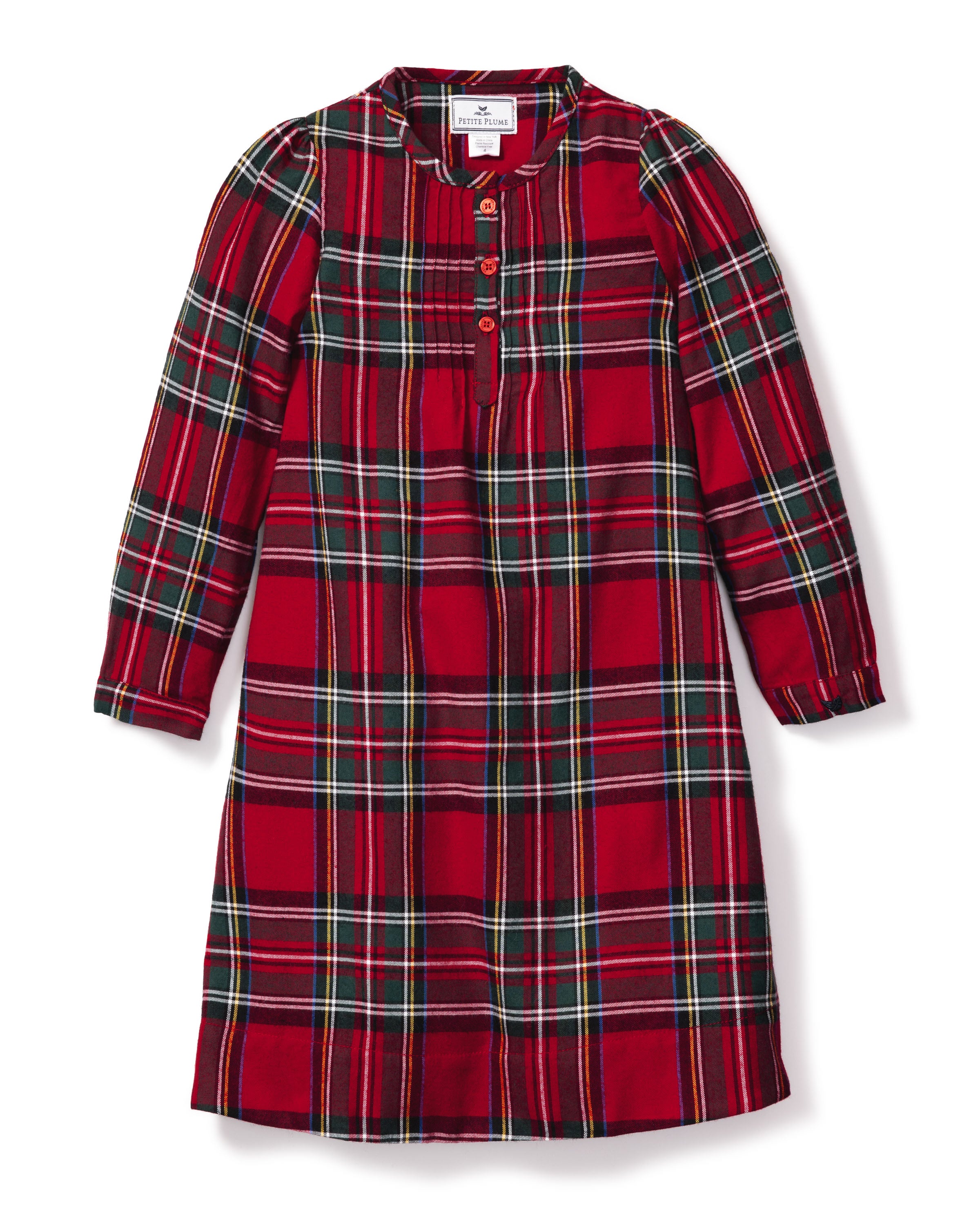 The Girl's Brushed Twill Beatrice Nightgown in Imperial Tartan is a long-sleeved, knee-length nightgown with a red, green, black, and white plaid, partial front buttons, and gentle shoulder gathers.