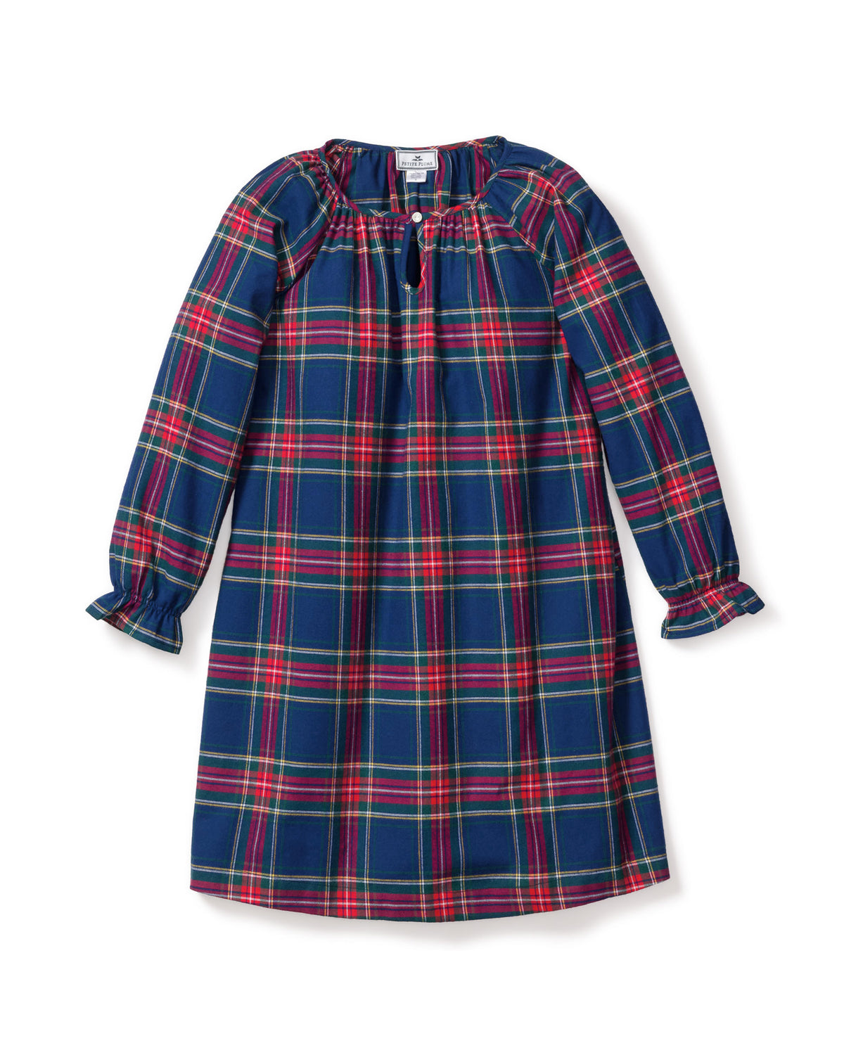 The Girl's Brushed Twill Delphine Nightgown in Windsor Tartan features a blue, green, and red plaid pattern, knee-length long sleeves with ruffled cuffs, and a round neckline with a small button.