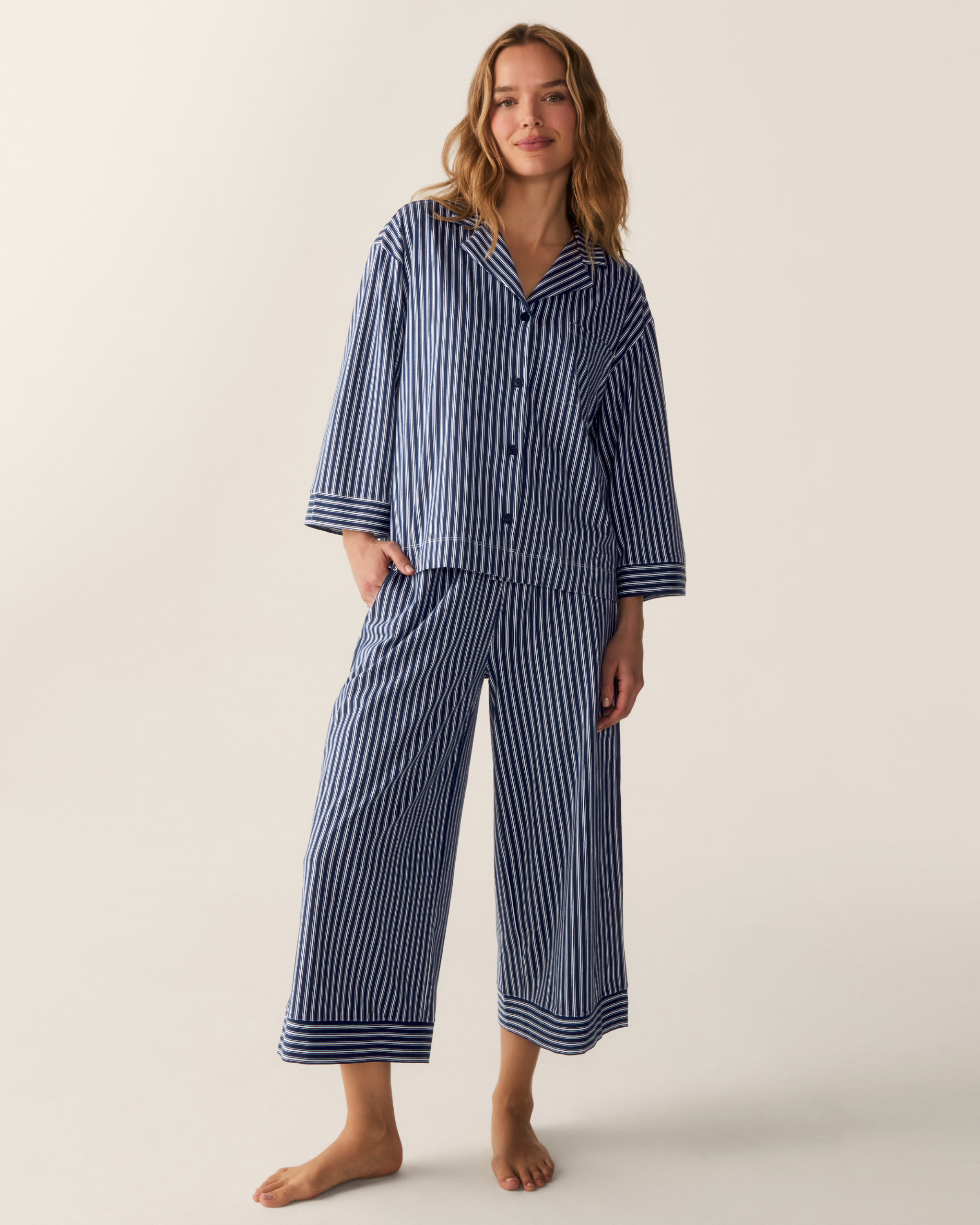 The Olivia Wide Leg Pima Pajama Set in Admiral Ticking