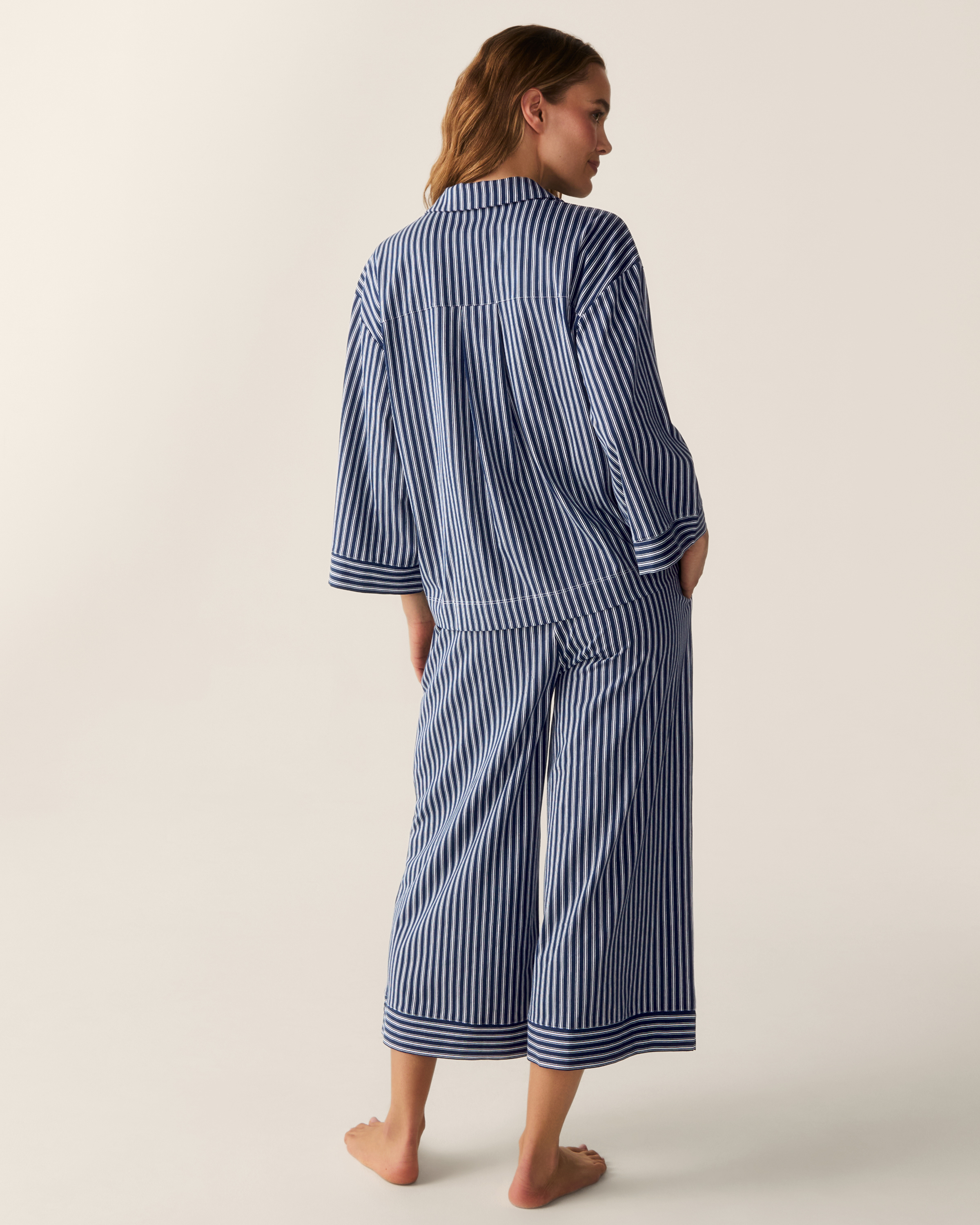 The Olivia Wide Leg Pima Pajama Set in Admiral Ticking
