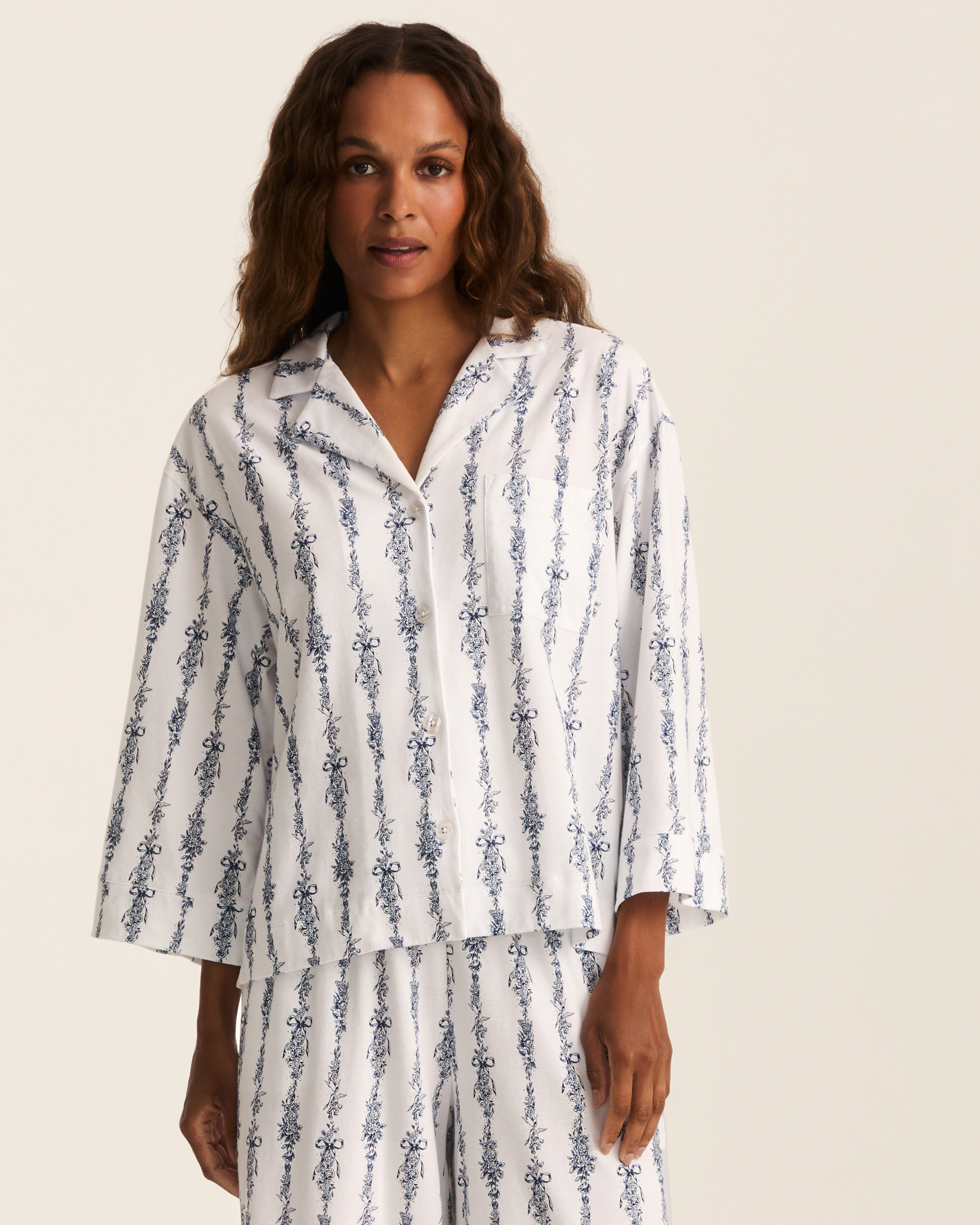 Greek Embroidered Olivia Wide Leg Pima Pajama Set in Navy Mayfair Toile