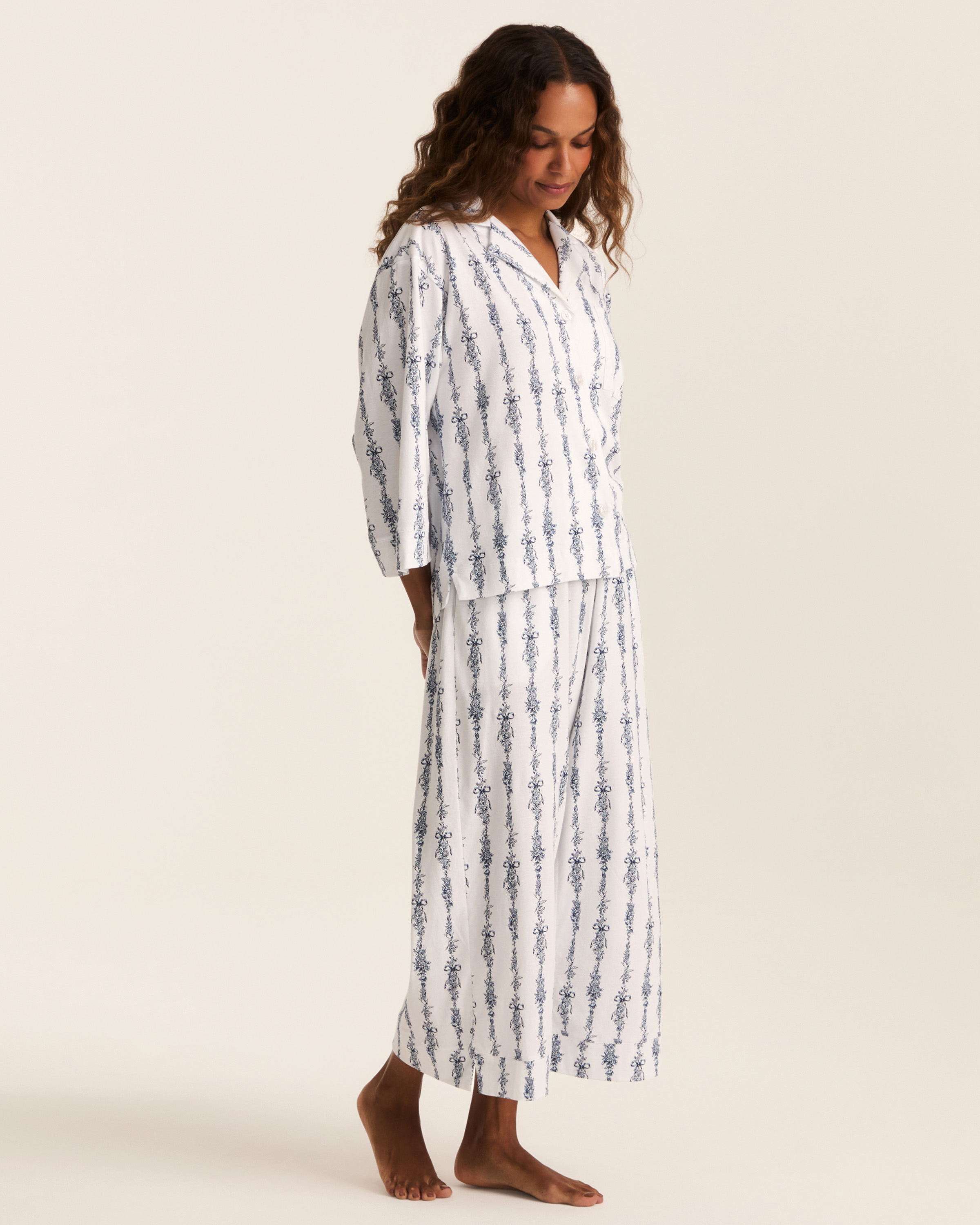 The Olivia Wide Leg Pima Pajama Set in Navy Mayfair Toile